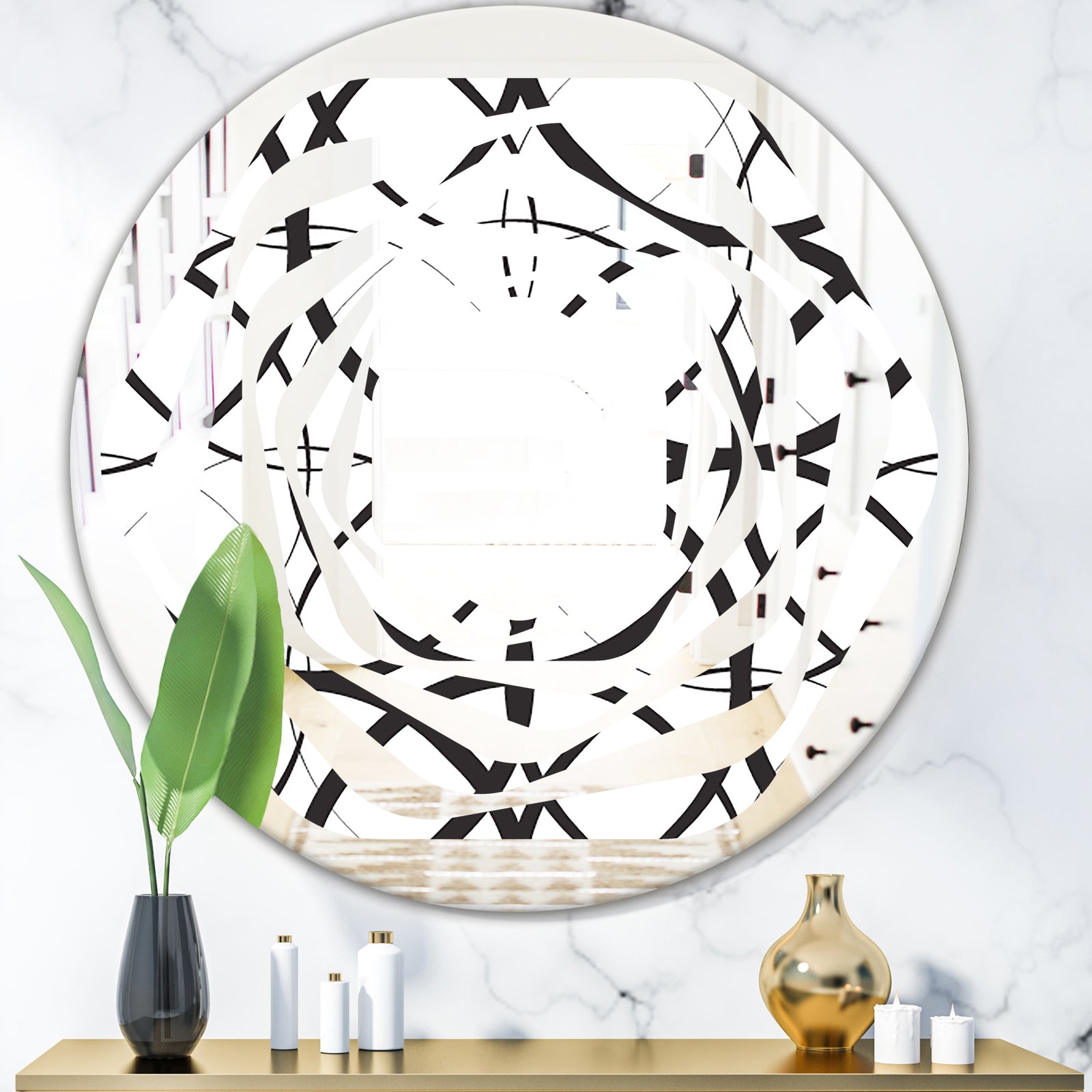 Monochrome Geometric Pattern - Modern Round or Oval Wall Mirror - Whirl