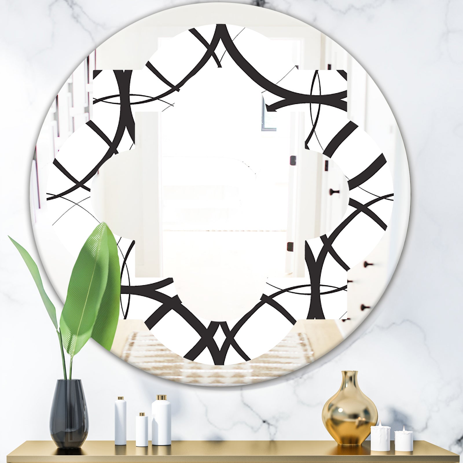 Monochrome Geometric Pattern - Modern Round or Oval Wall Mirror - Quatrefoil