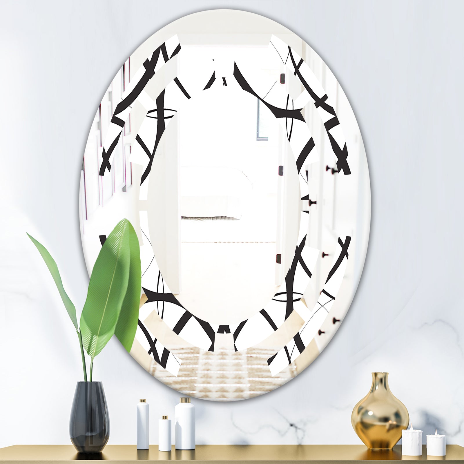 Monochrome Geometric Pattern - Modern Round or Oval Wall Mirror - Space