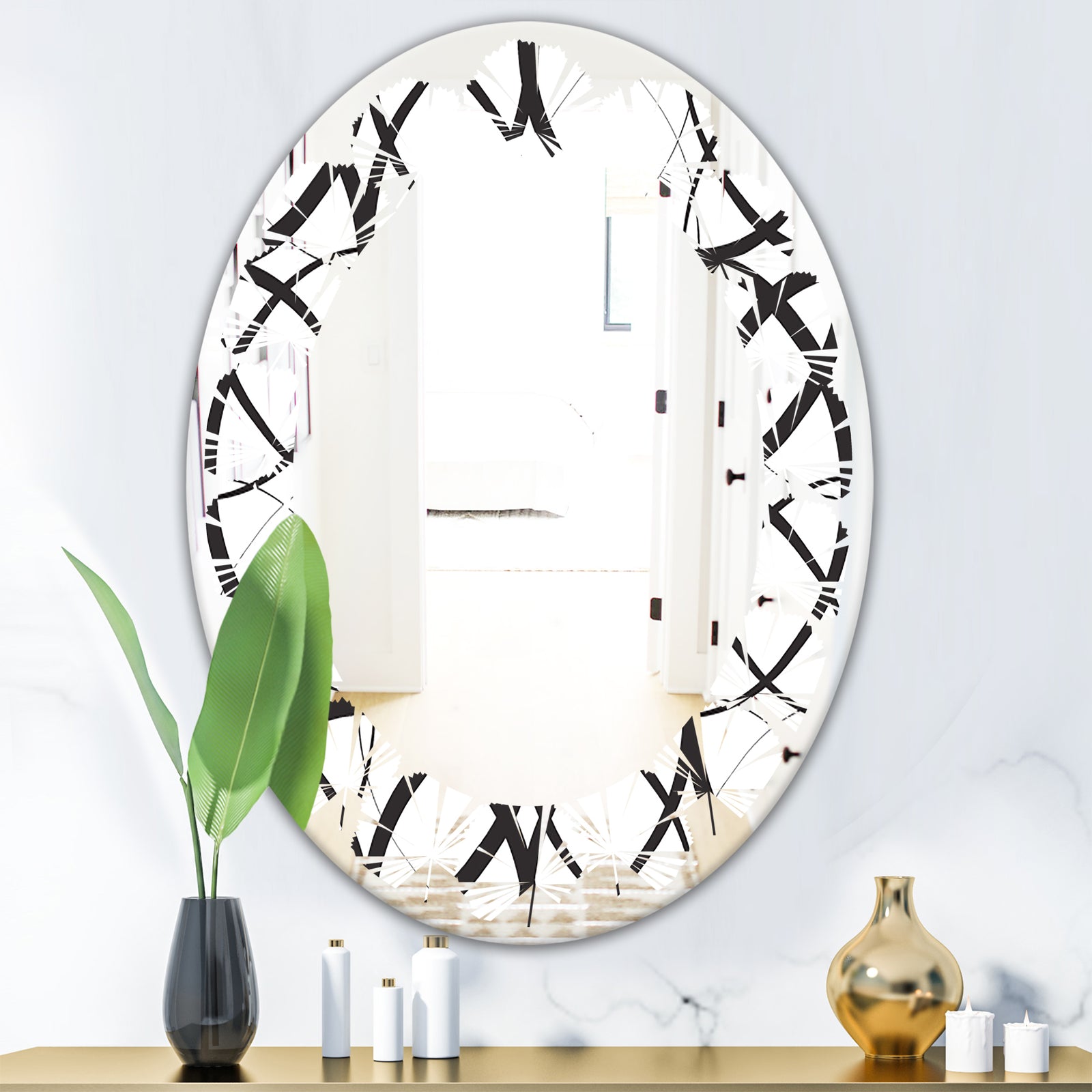 Monochrome Geometric Pattern - Modern Round or Oval Wall Mirror - Leaves