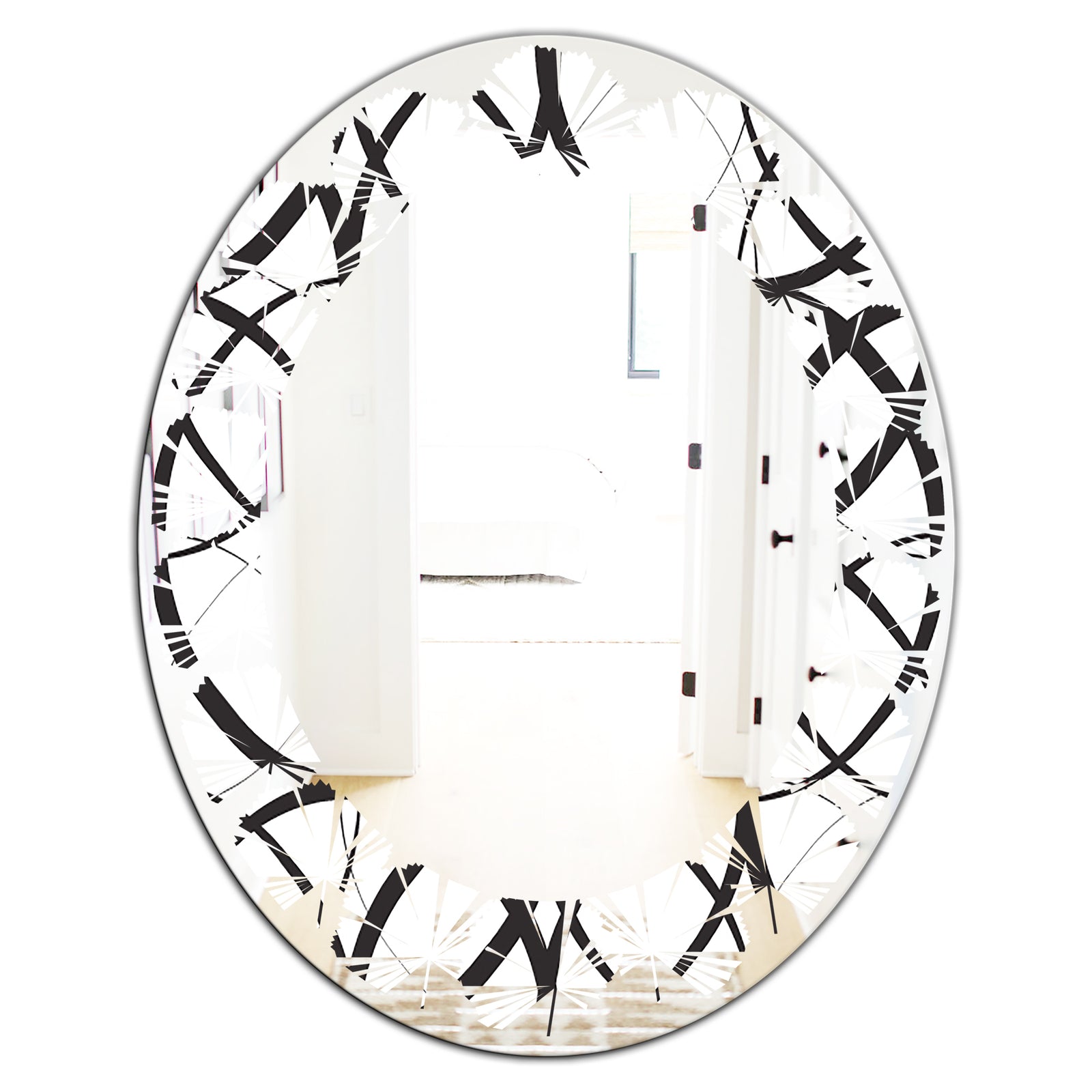 Monochrome Geometric Pattern - Modern Round or Oval Wall Mirror - Leaves