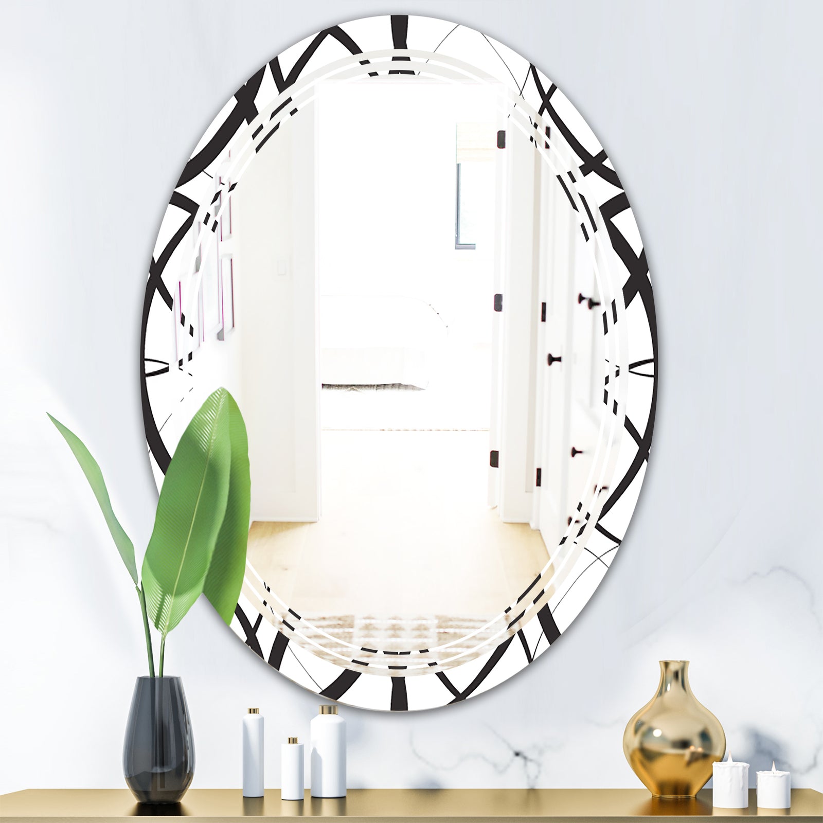 Monochrome Geometric Pattern - Modern Round or Oval Wall Mirror - Triple C