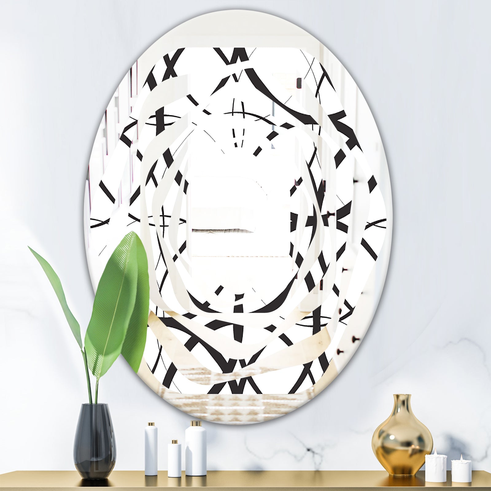 Monochrome Geometric Pattern - Modern Round or Oval Wall Mirror - Whirl