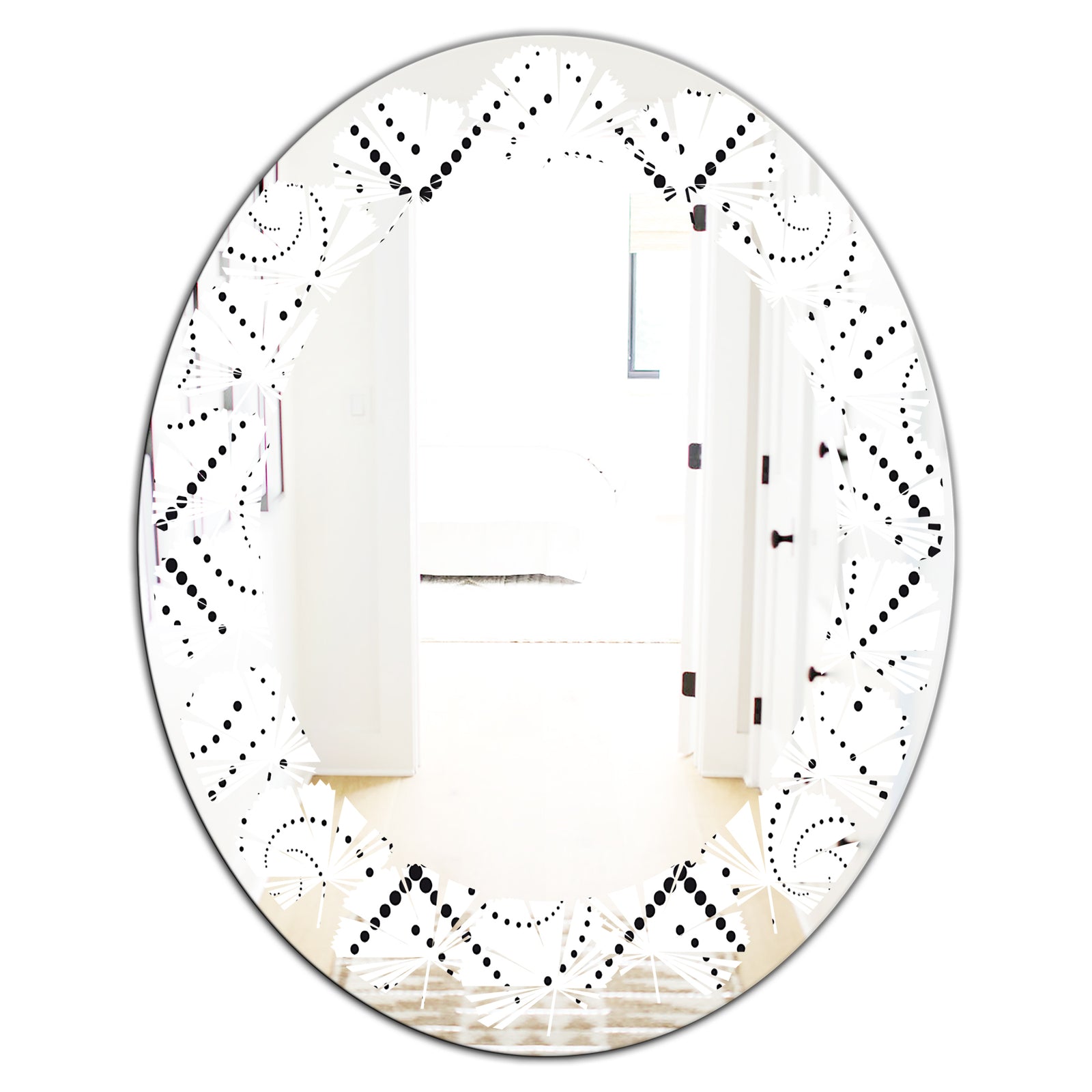 Retro Geometrical Abstract Minimal Pattern III - Modern Round or Oval Wall Mirror - Leaves