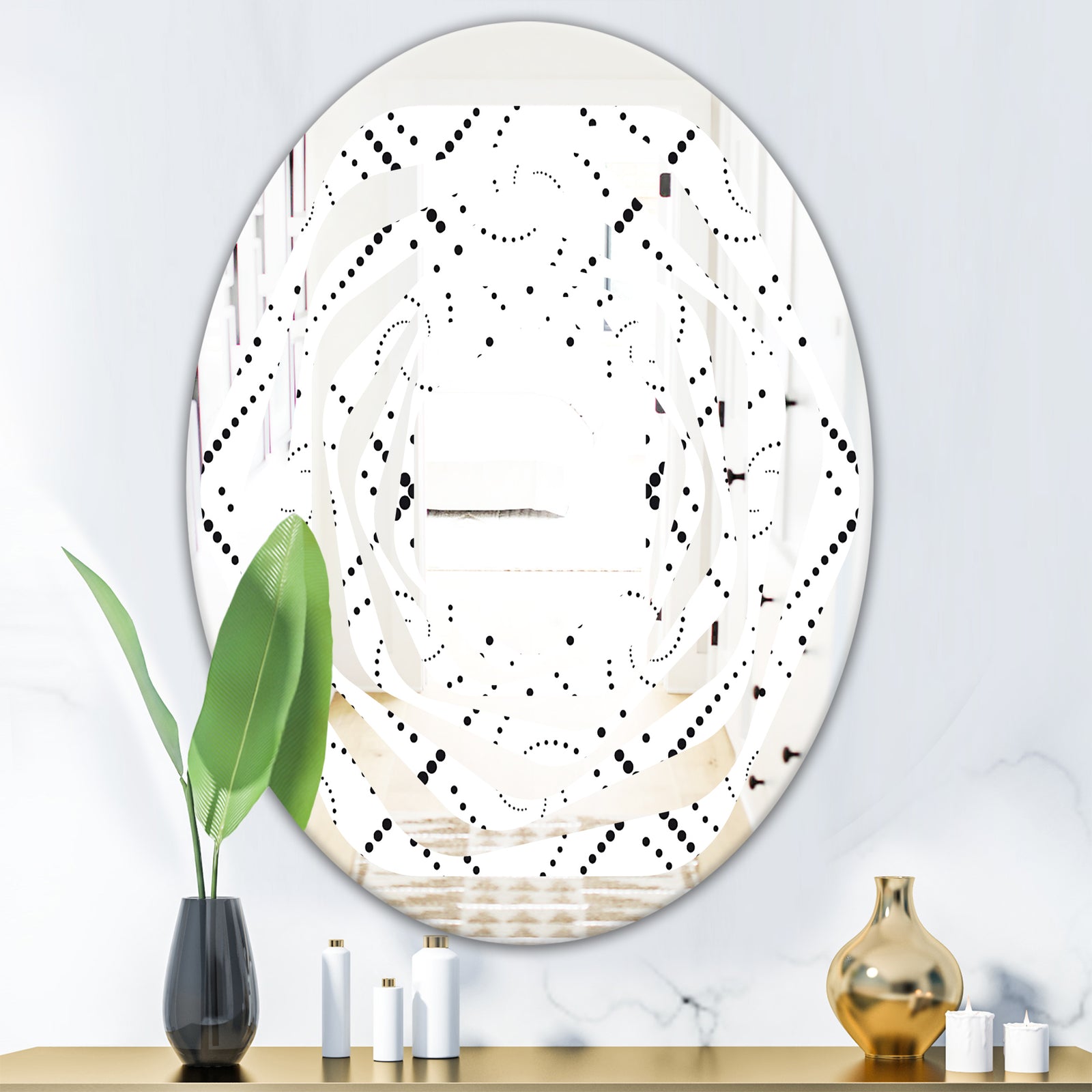 Retro Geometrical Abstract Minimal Pattern III - Modern Round or Oval Wall Mirror - Whirl