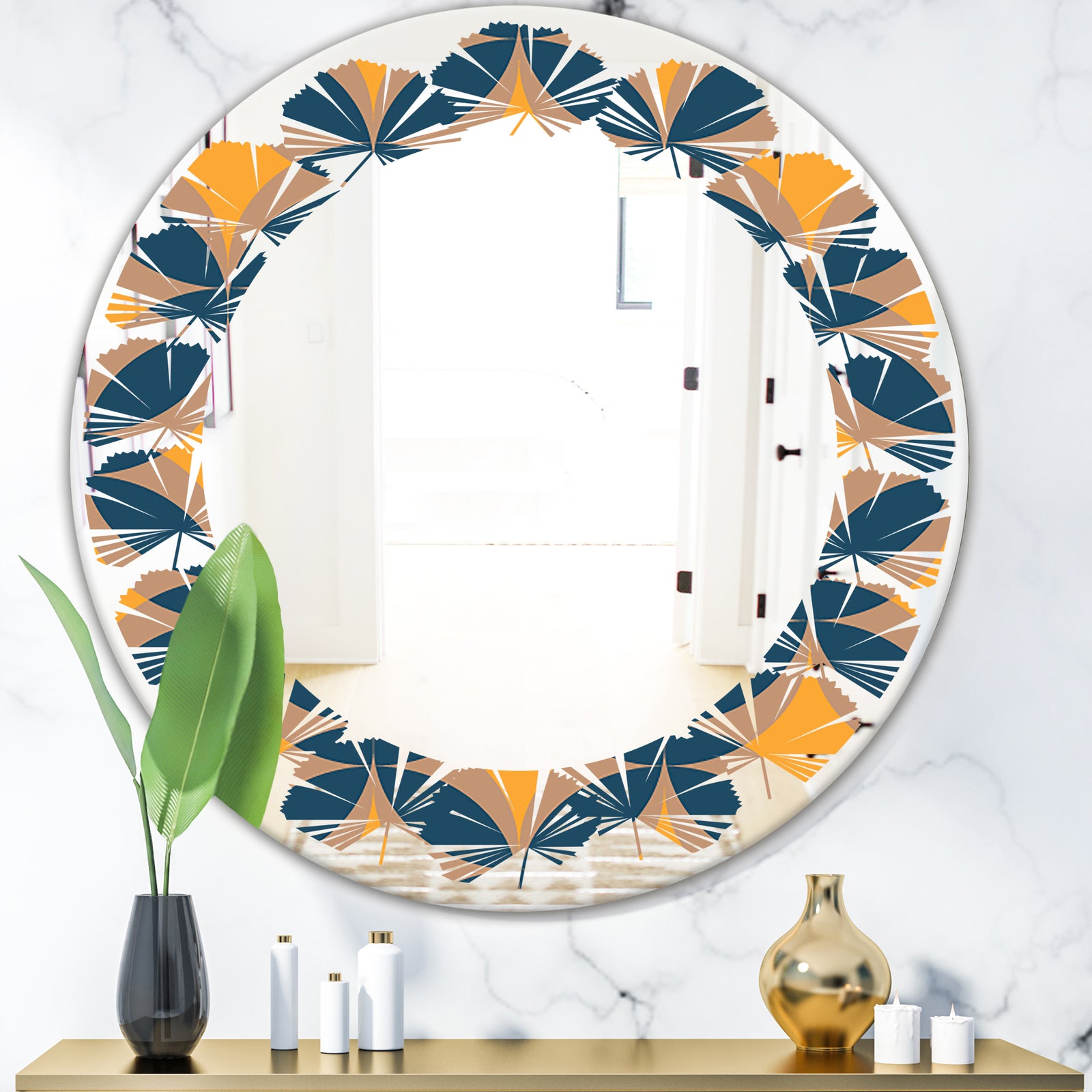 Abstract Retro Design III - Modern Round or Oval Wall Mirror - Leaves