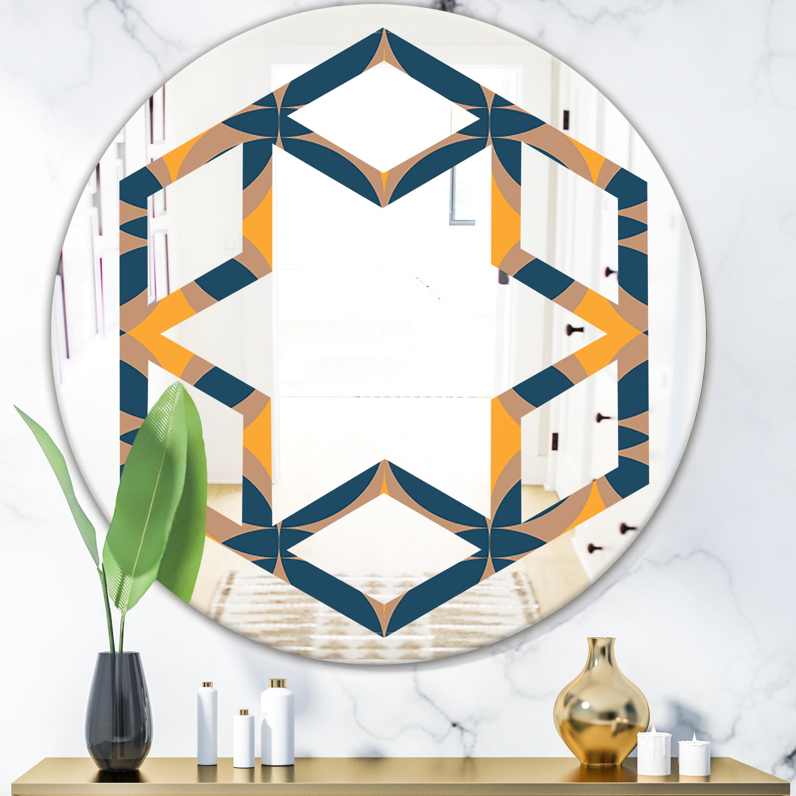 Abstract Retro Design III - Modern Round or Oval Wall Mirror - Hexagon Star