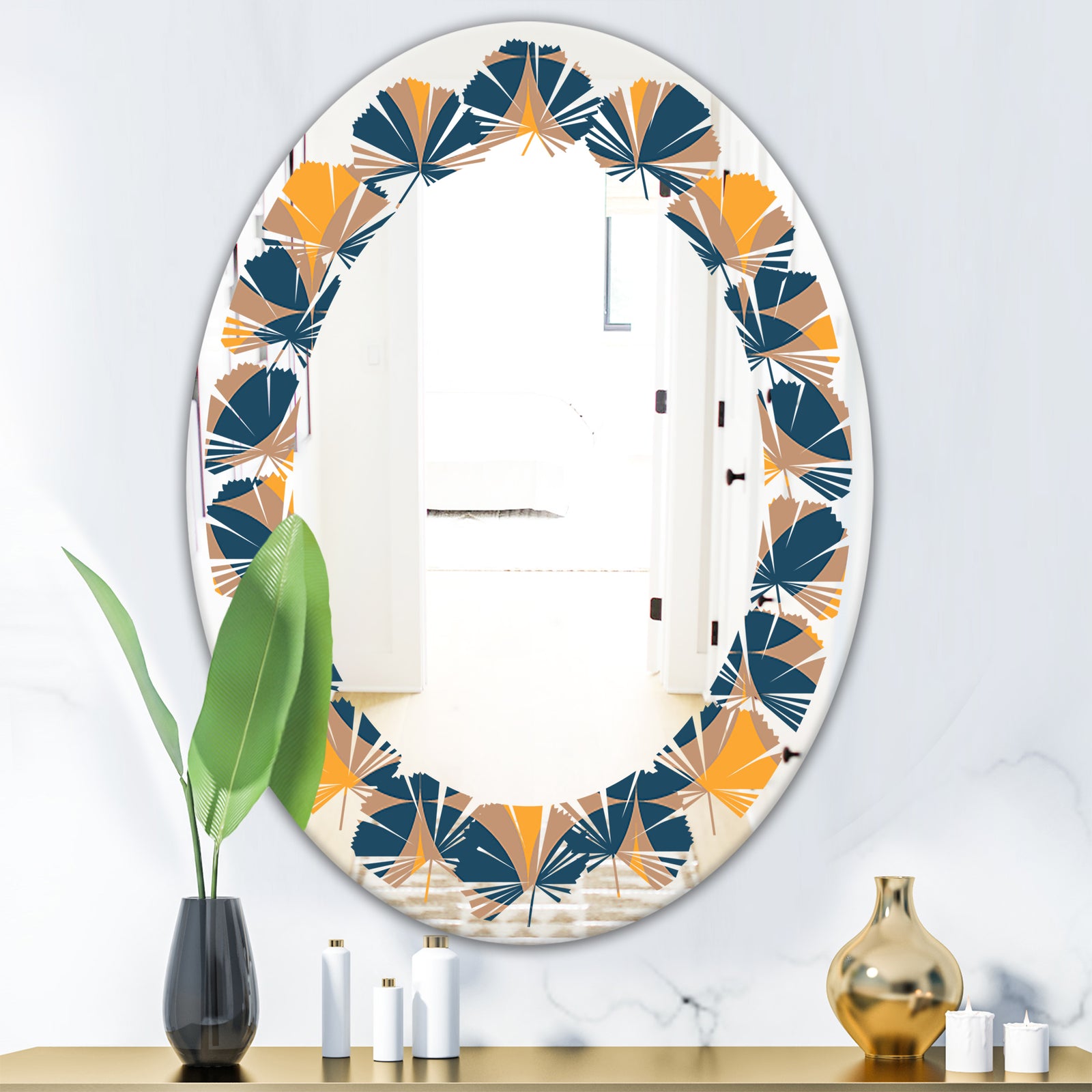Abstract Retro Design III - Modern Round or Oval Wall Mirror - Leaves