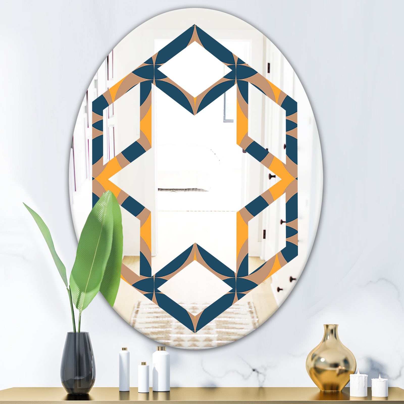 Abstract Retro Design III - Modern Round or Oval Wall Mirror - Hexagon Star