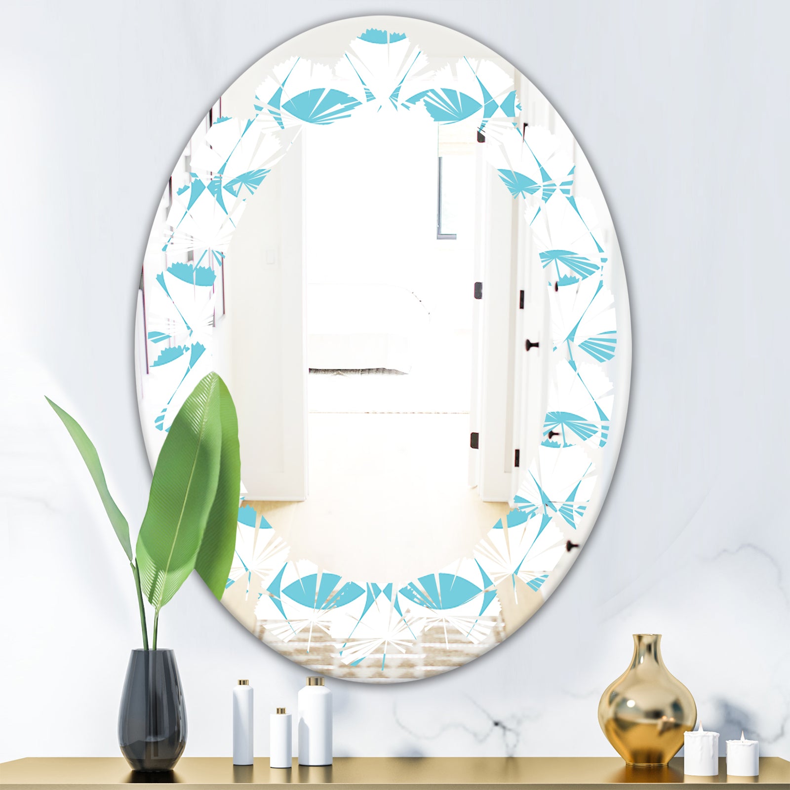 Abstract Retro Geometrical Design III - Modern Round or Oval Wall Mirror - Leaves