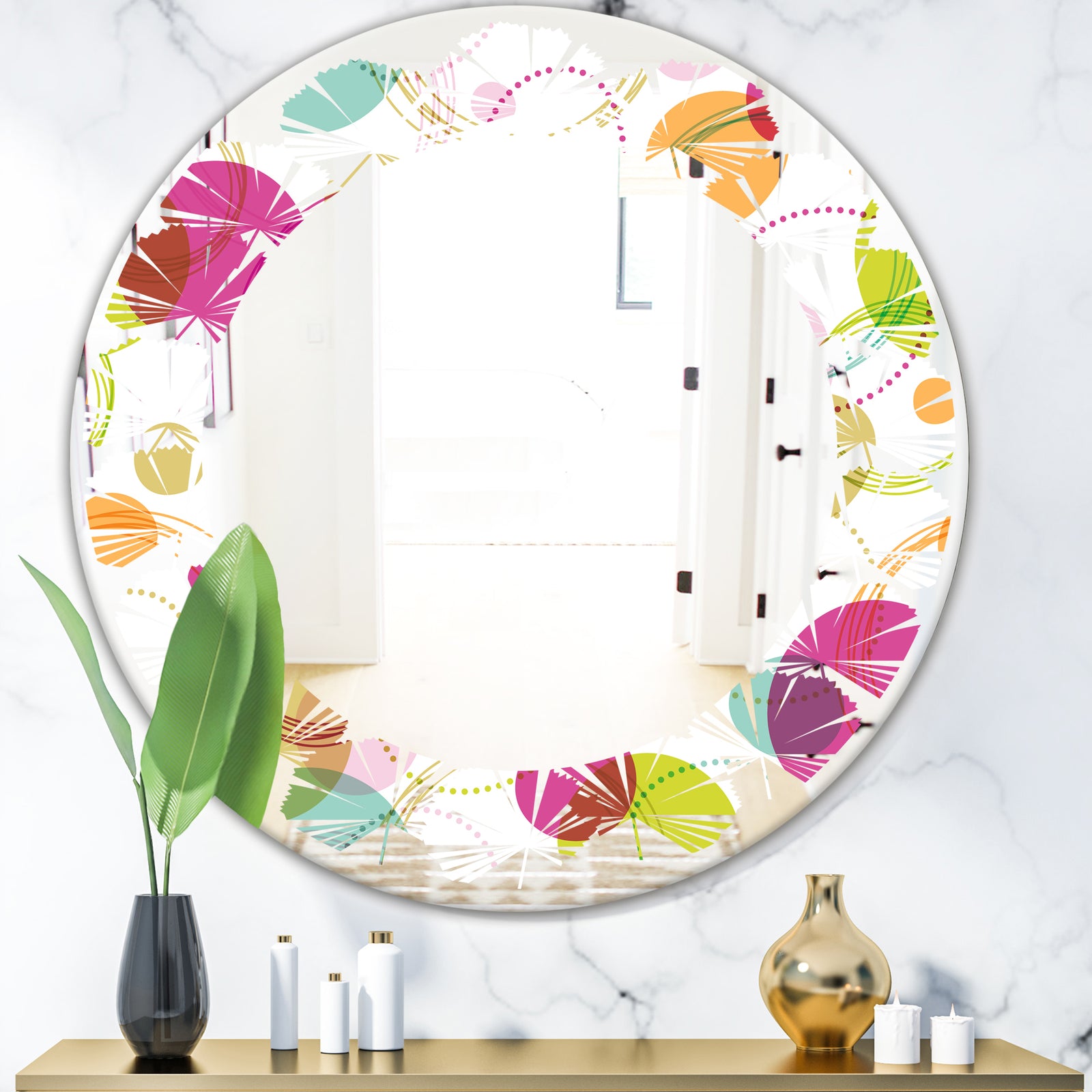 Retro Circular Design II - Modern Round or Oval Wall Mirror - Leaves