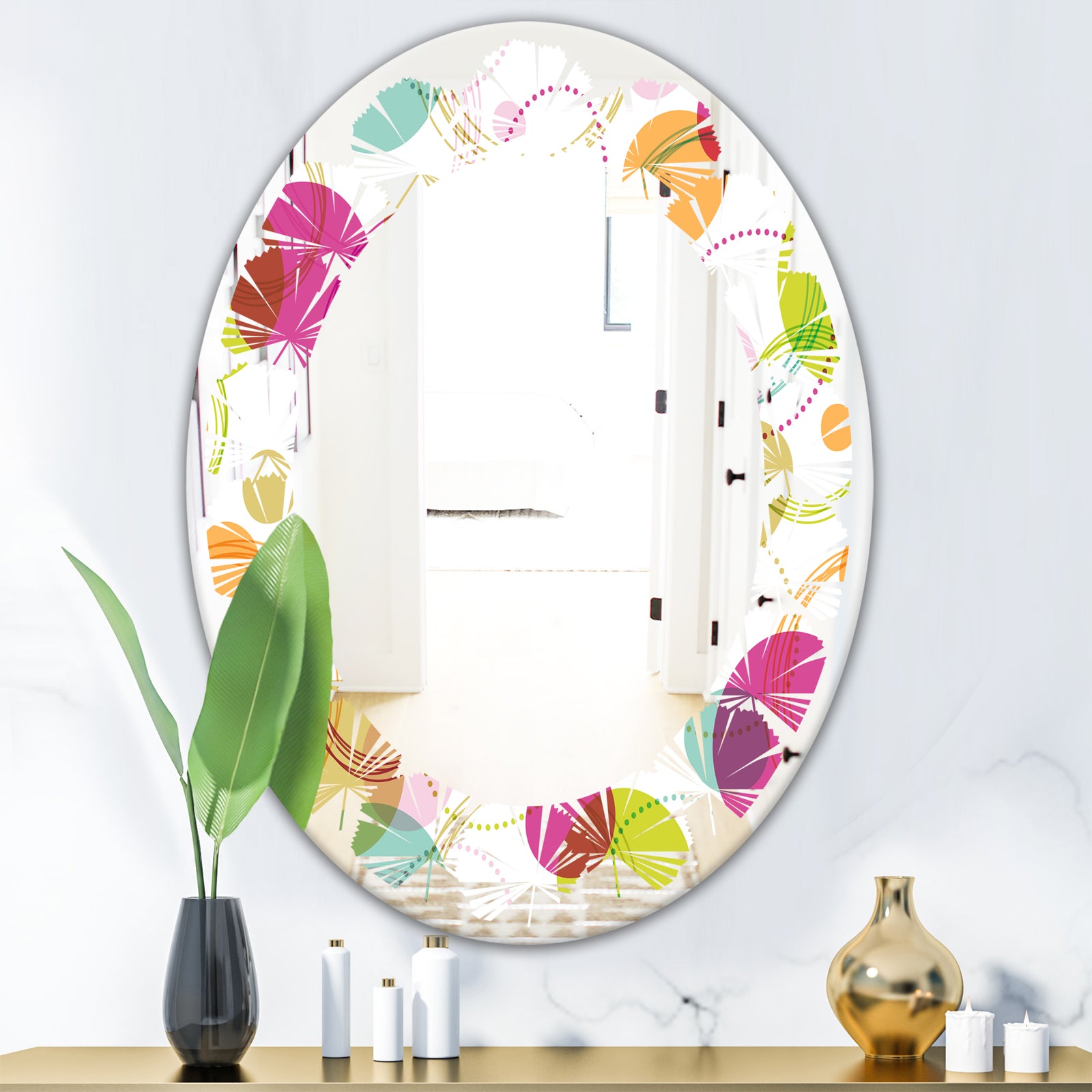 Retro Circular Design II - Modern Round or Oval Wall Mirror - Leaves
