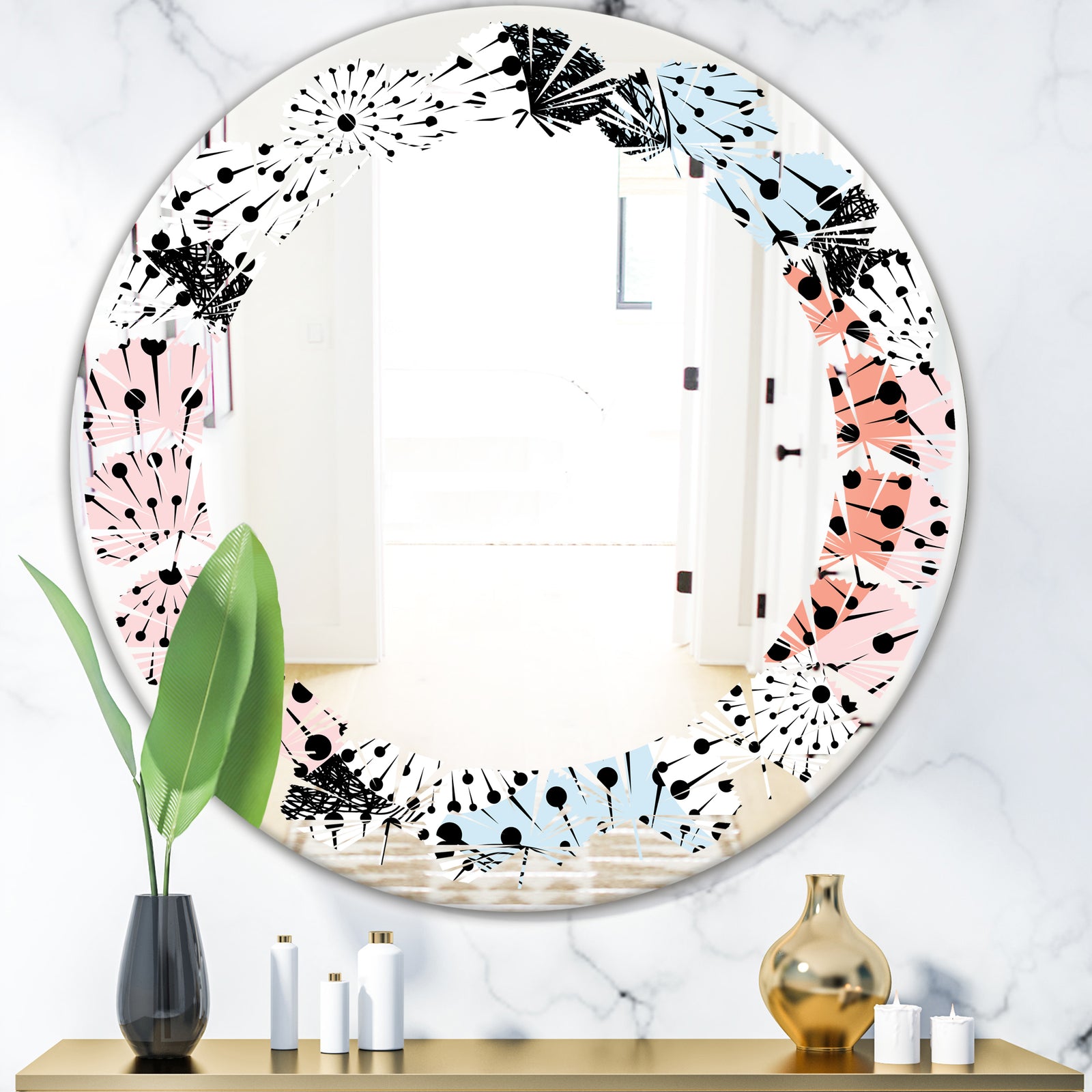 Retro Abstract Flower Design I - Modern Round or Oval Wall Mirror - Leaves
