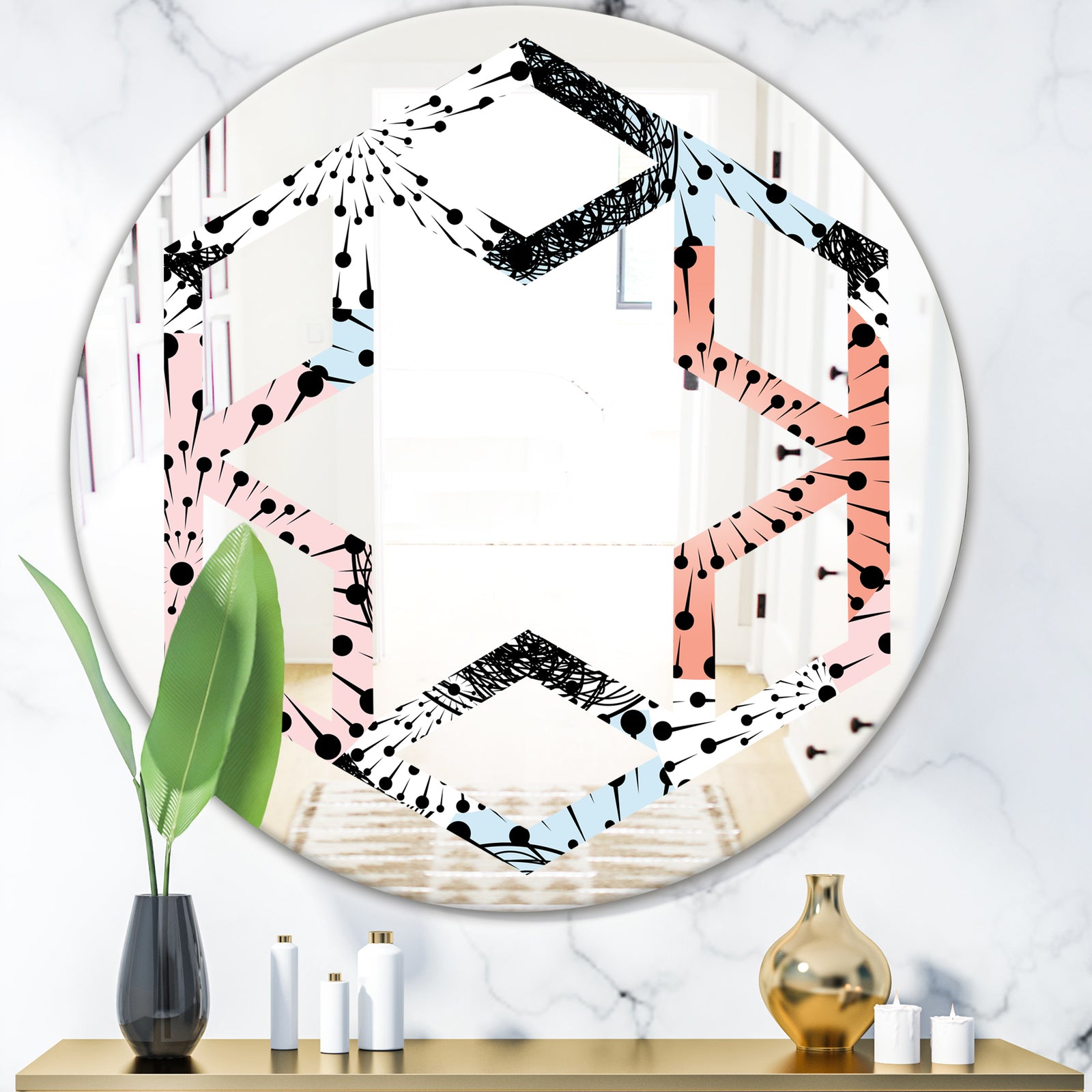 Retro Abstract Flower Design I - Modern Round or Oval Wall Mirror - Hexagon Star