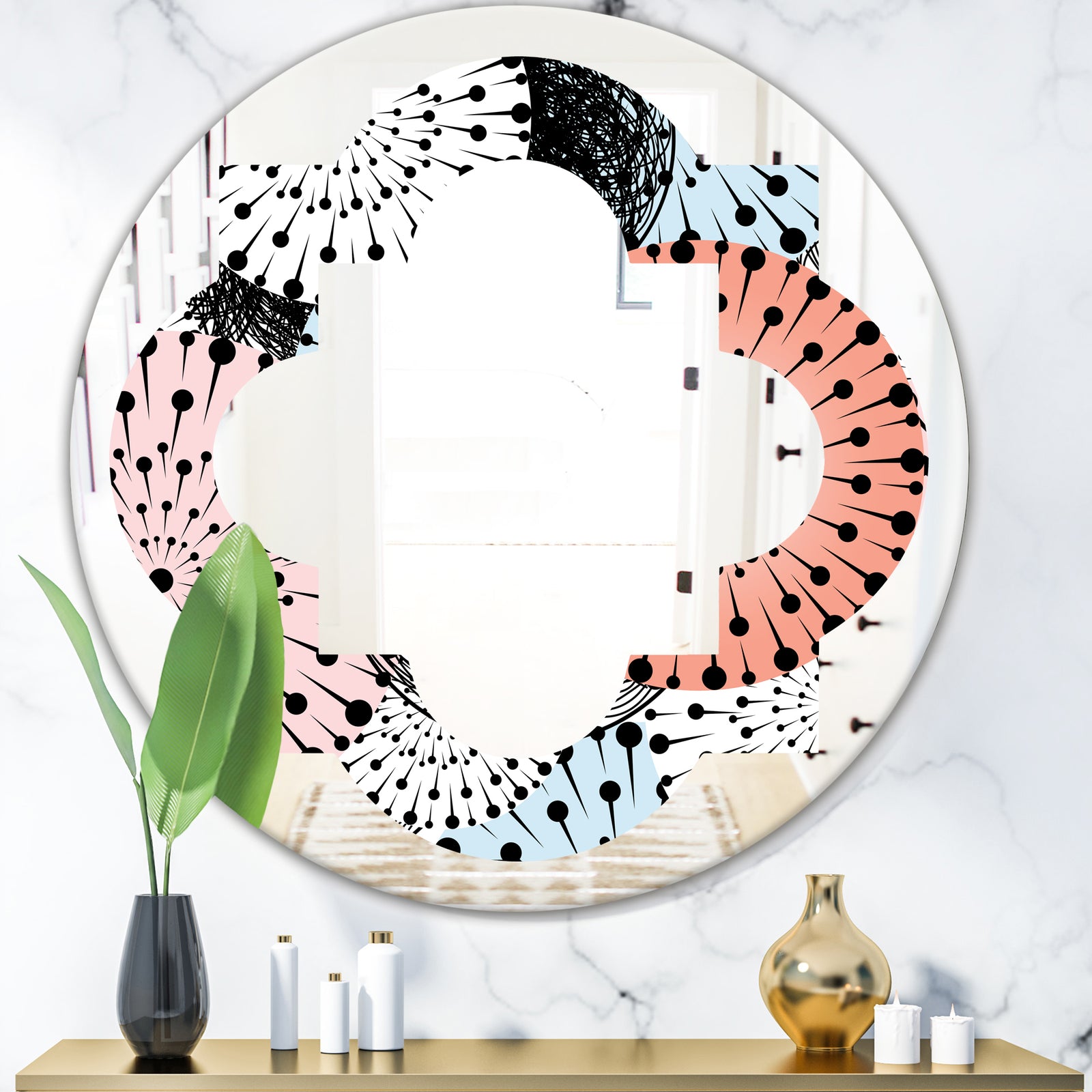 Retro Abstract Flower Design I - Modern Round or Oval Wall Mirror - Quatrefoil