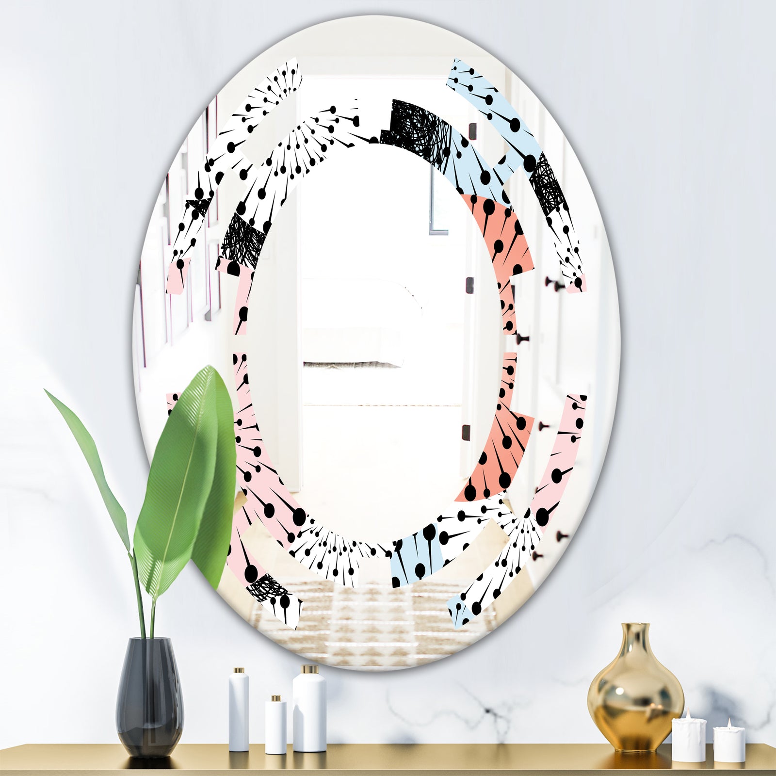 Retro Abstract Flower Design I - Modern Round or Oval Wall Mirror - Space