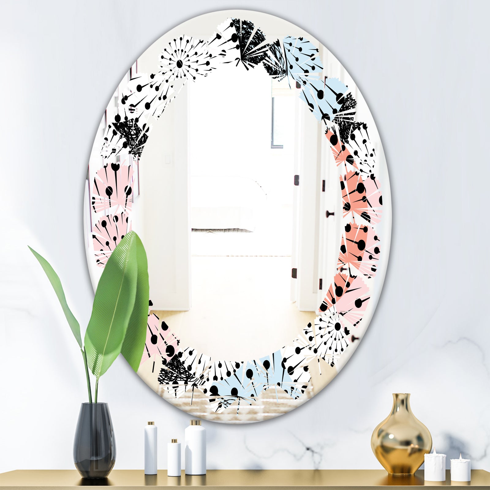 Retro Abstract Flower Design I - Modern Round or Oval Wall Mirror - Leaves