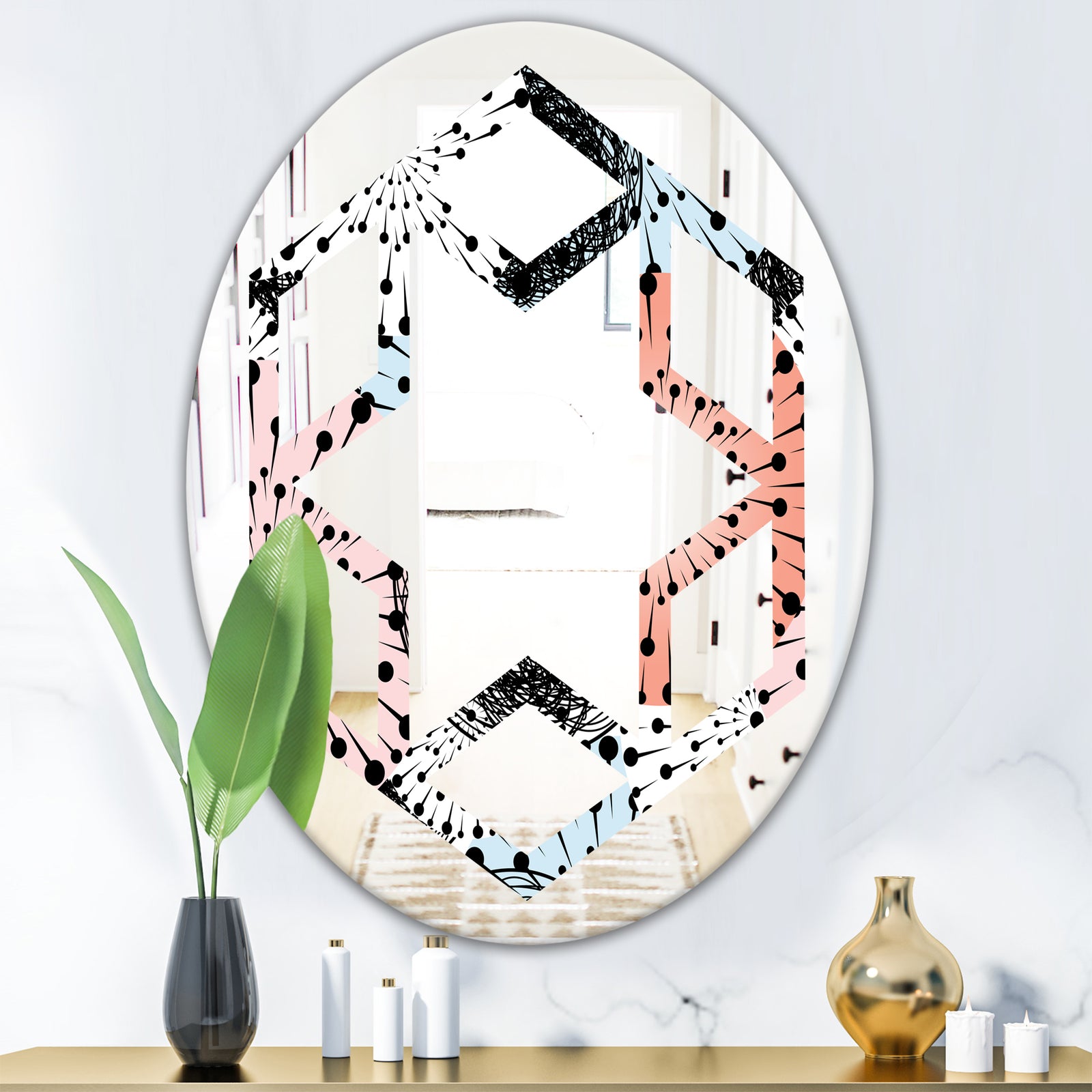 Retro Abstract Flower Design I - Modern Round or Oval Wall Mirror - Hexagon Star
