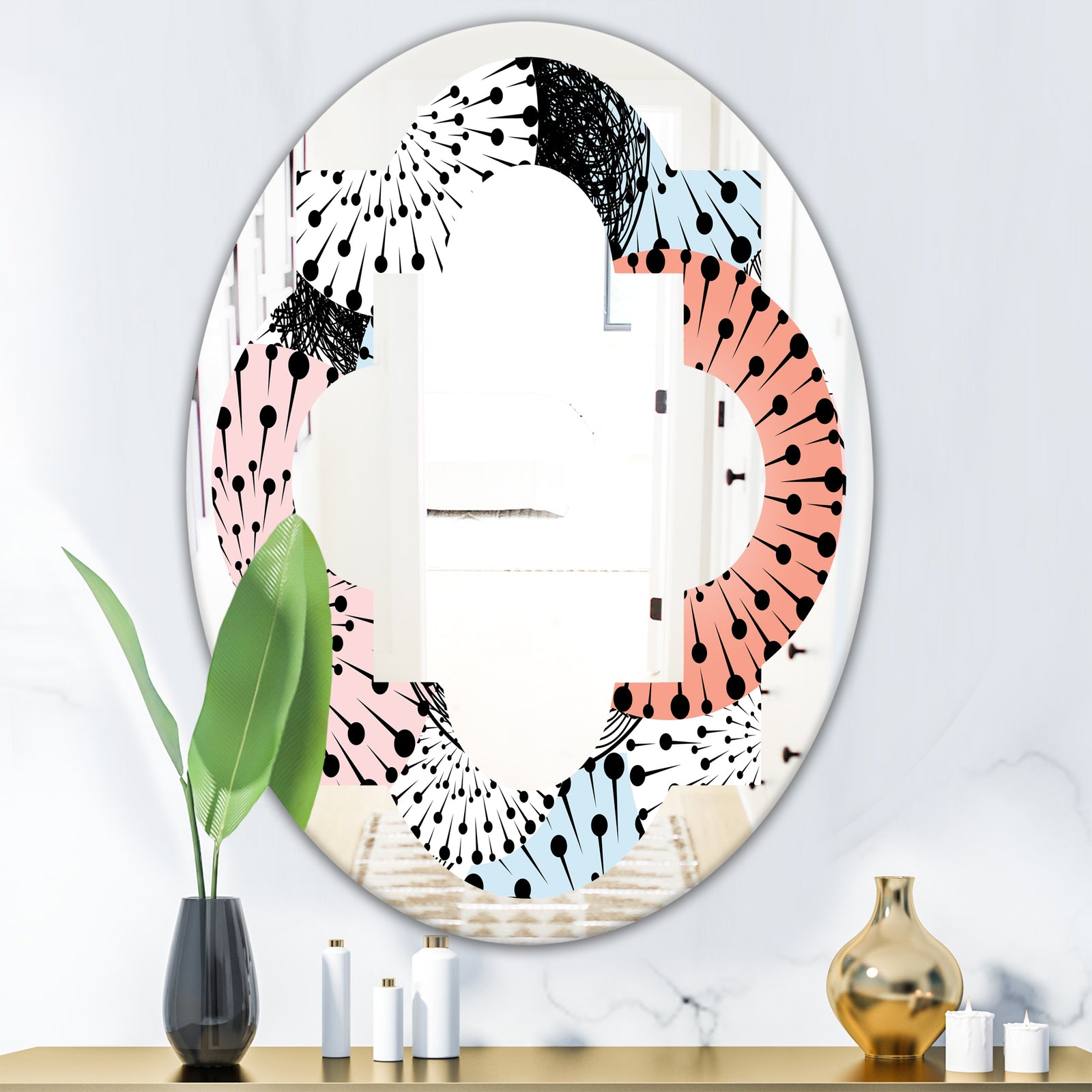 Retro Abstract Flower Design I - Modern Round or Oval Wall Mirror - Quatrefoil