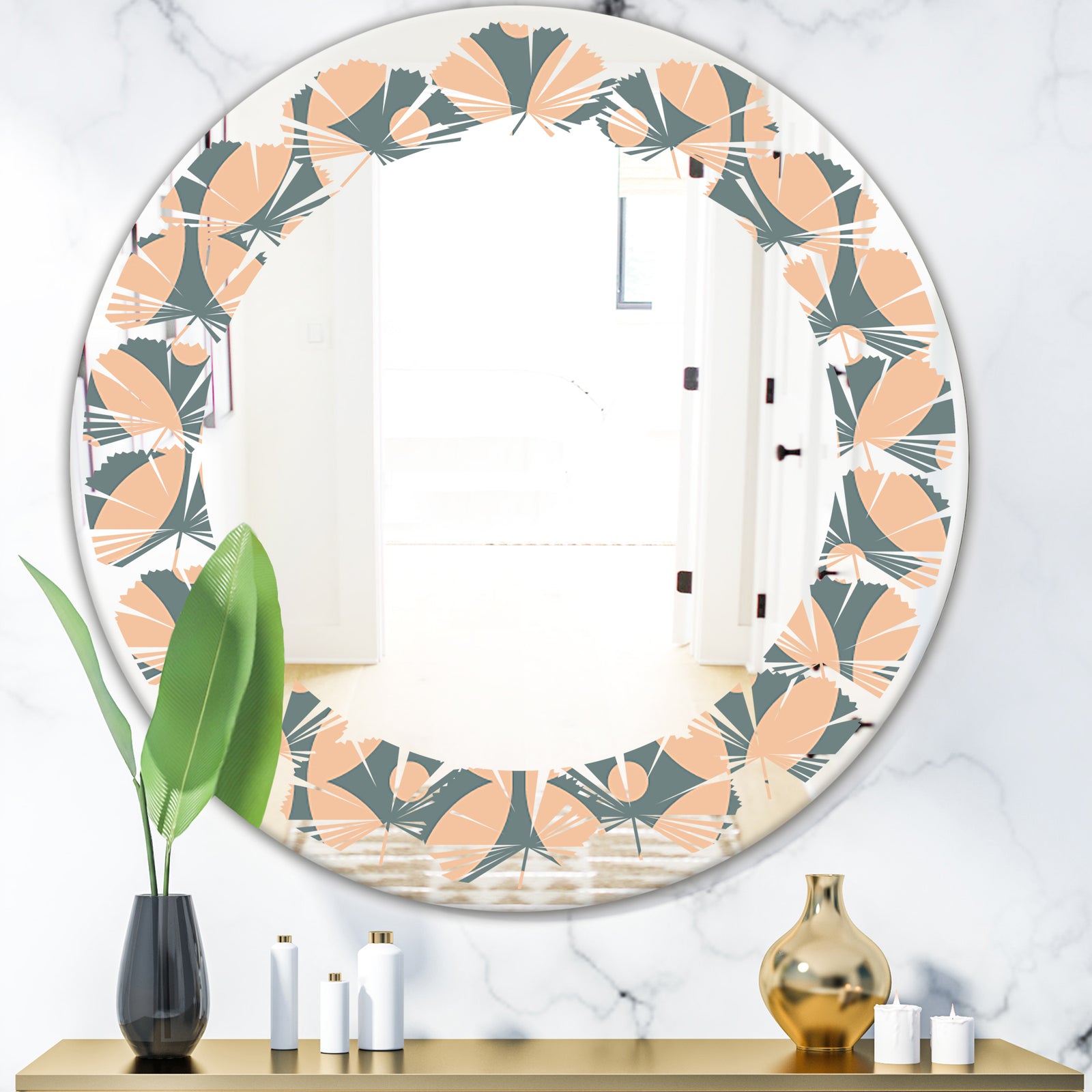 Retro Pattern Abstract Design IV - Modern Round or Oval Wall Mirror - Leaves