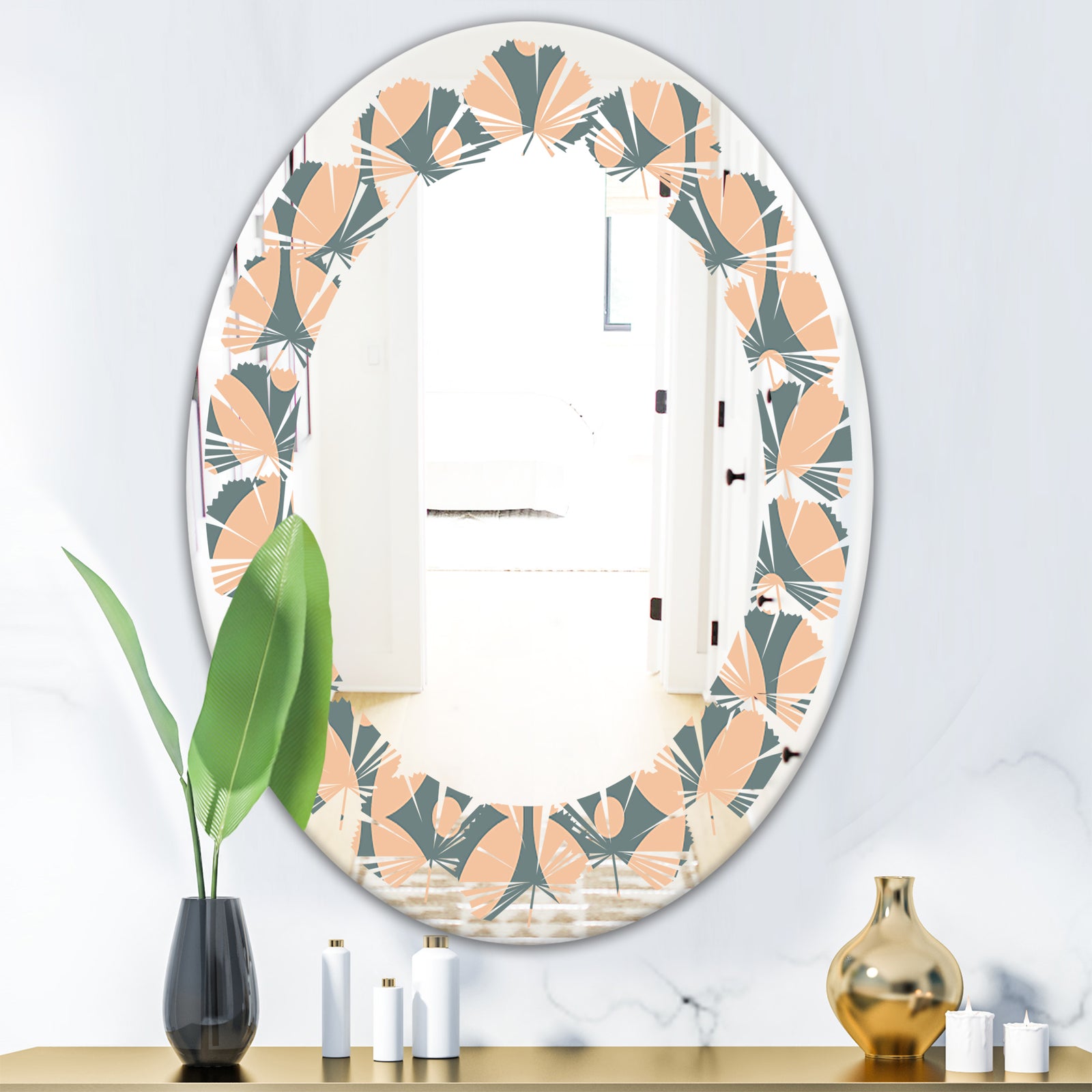 Retro Pattern Abstract Design IV - Modern Round or Oval Wall Mirror - Leaves