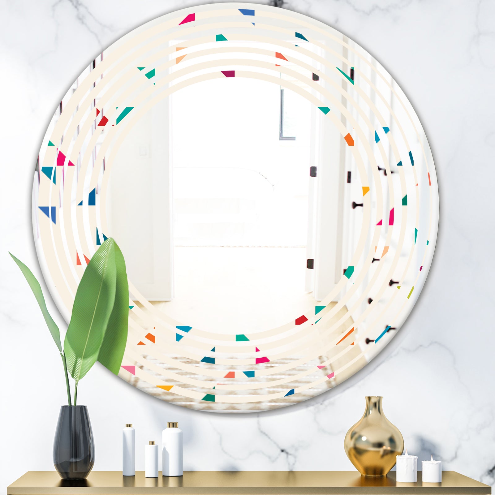 Abstract Triangular Retro Pattern I - Modern Round or Oval Wall Mirror - Wave