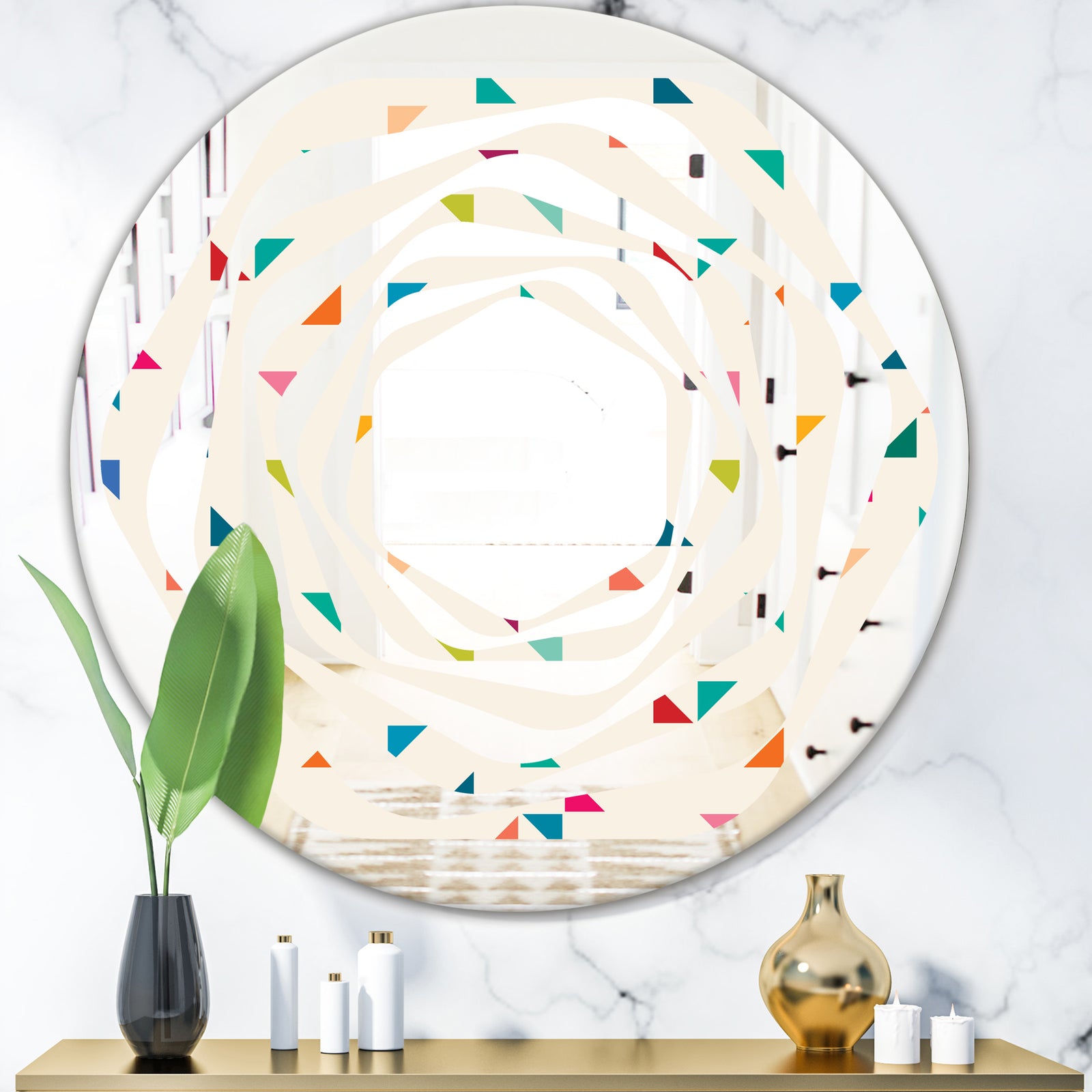 Abstract Triangular Retro Pattern I - Modern Round or Oval Wall Mirror - Whirl