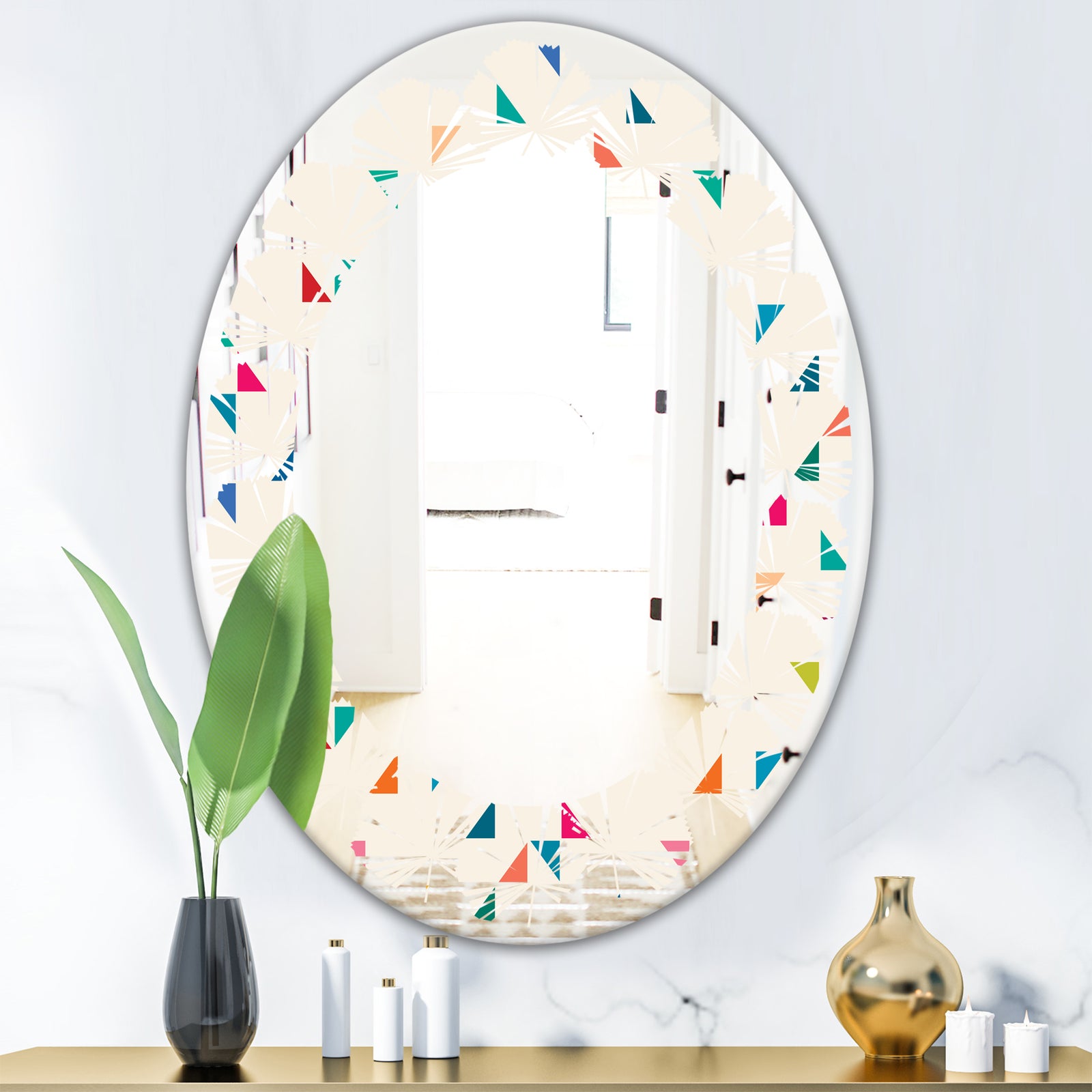 Abstract Triangular Retro Pattern I - Modern Round or Oval Wall Mirror - Leaves