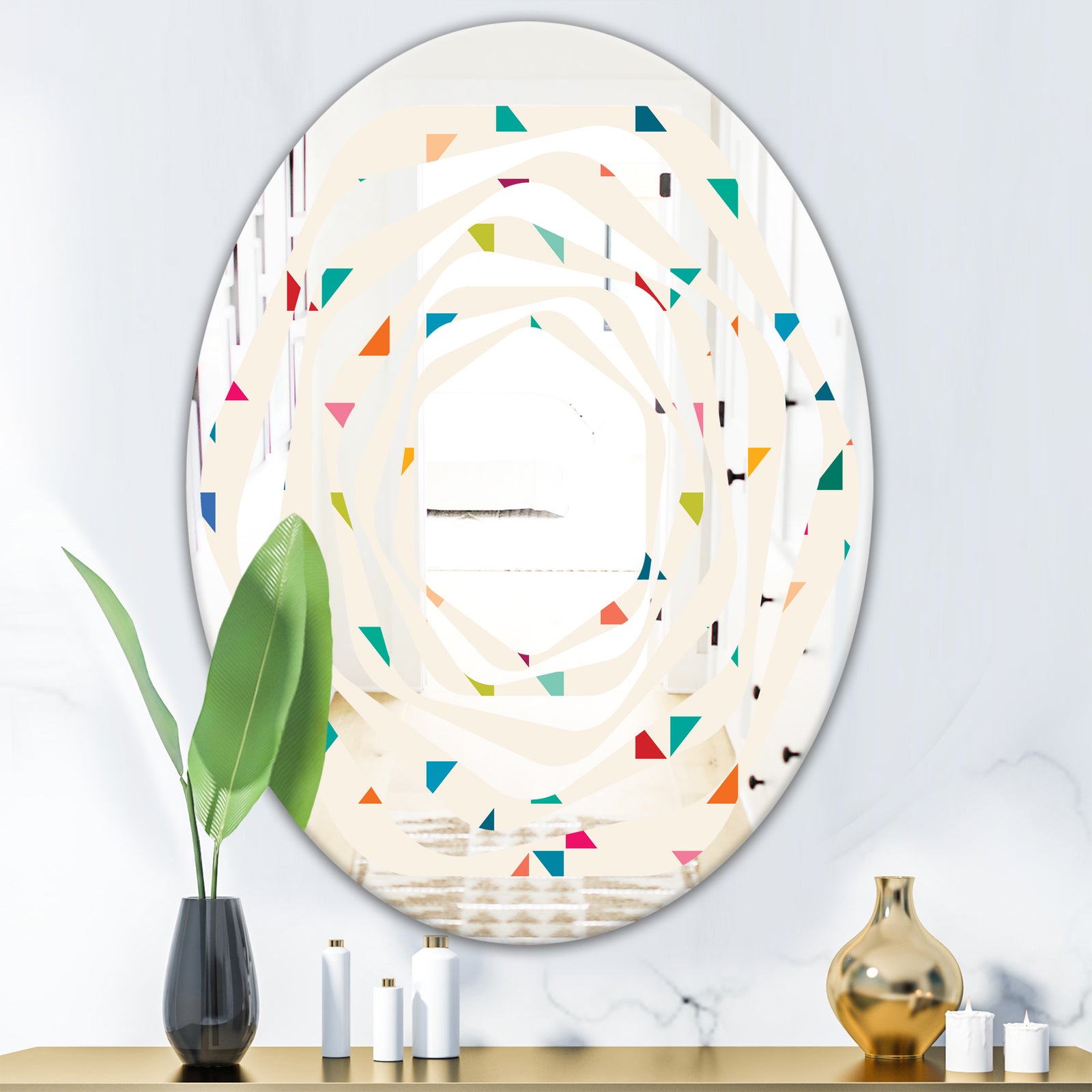 Abstract Triangular Retro Pattern I - Modern Round or Oval Wall Mirror - Whirl