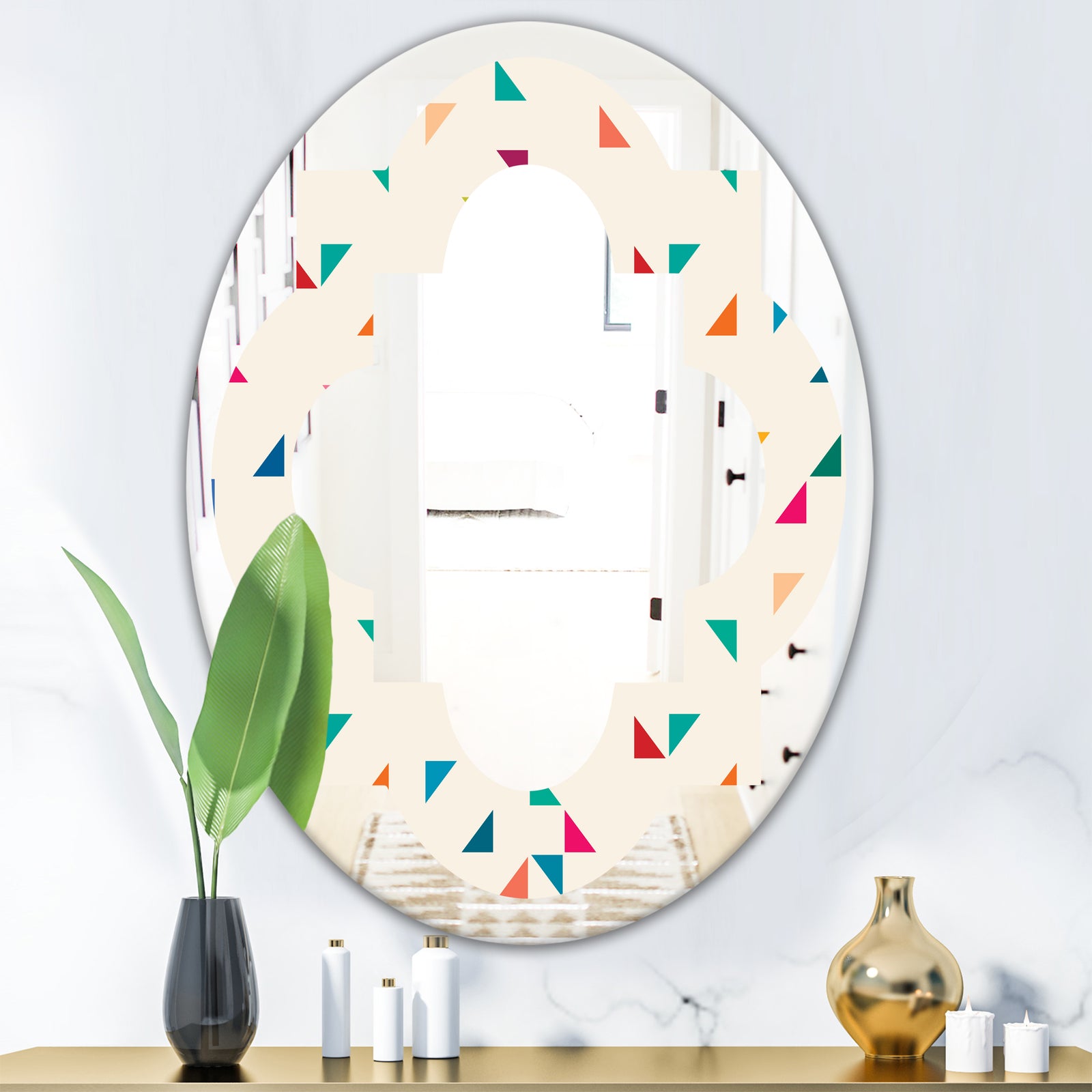 Abstract Triangular Retro Pattern I - Modern Round or Oval Wall Mirror - Quatrefoil