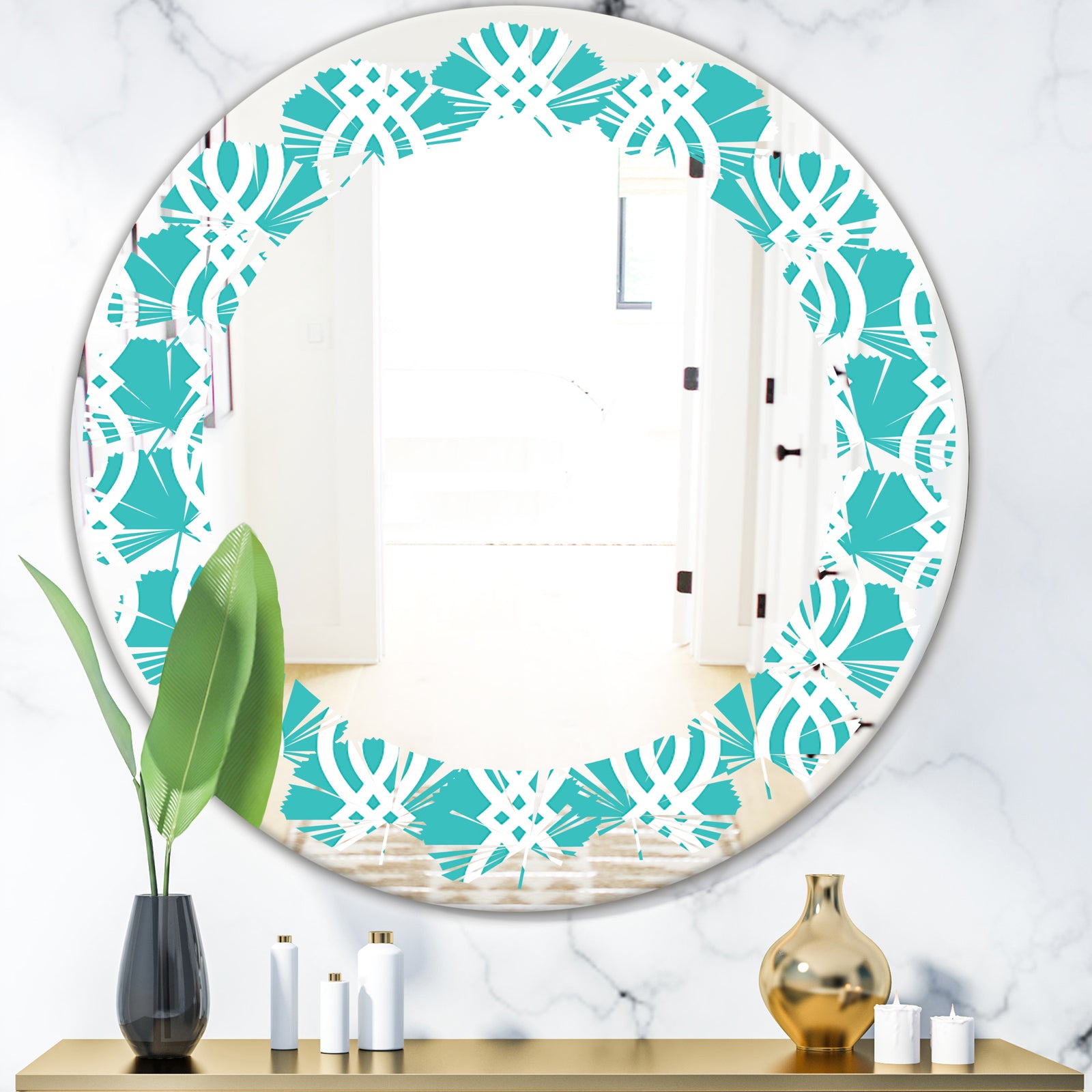 Retro Pattern Abstract Design VII - Modern Round or Oval Wall Mirror - Leaves