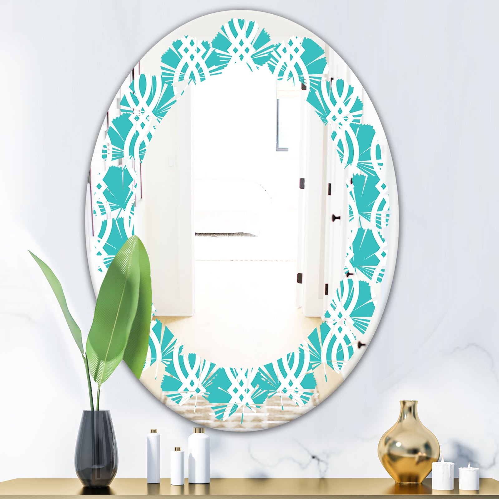 Retro Pattern Abstract Design VII - Modern Round or Oval Wall Mirror - Leaves
