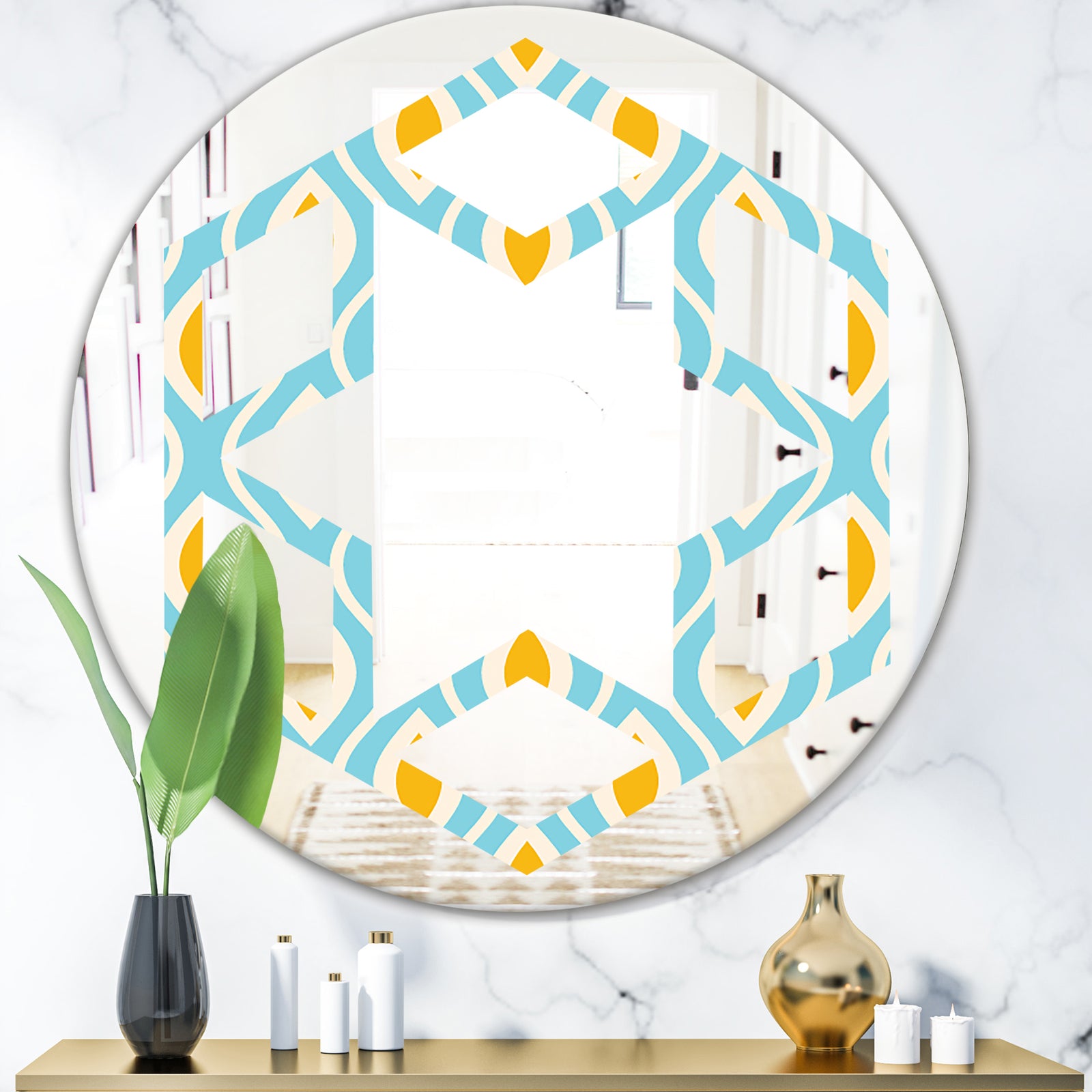 Retro Pattern Abstract Design I - Modern Round or Oval Wall Mirror - Hexagon Star