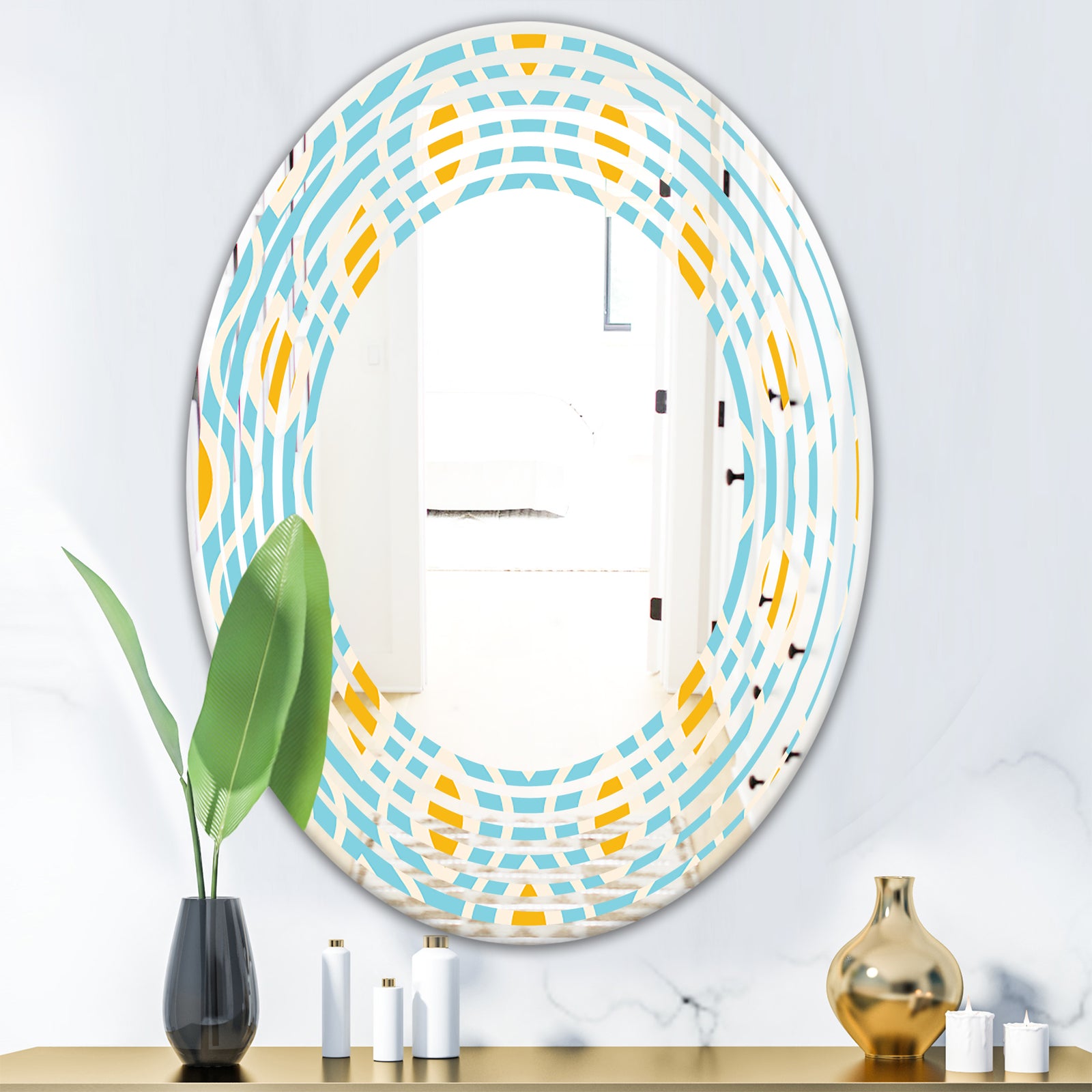 Retro Pattern Abstract Design I - Modern Round or Oval Wall Mirror - Wave