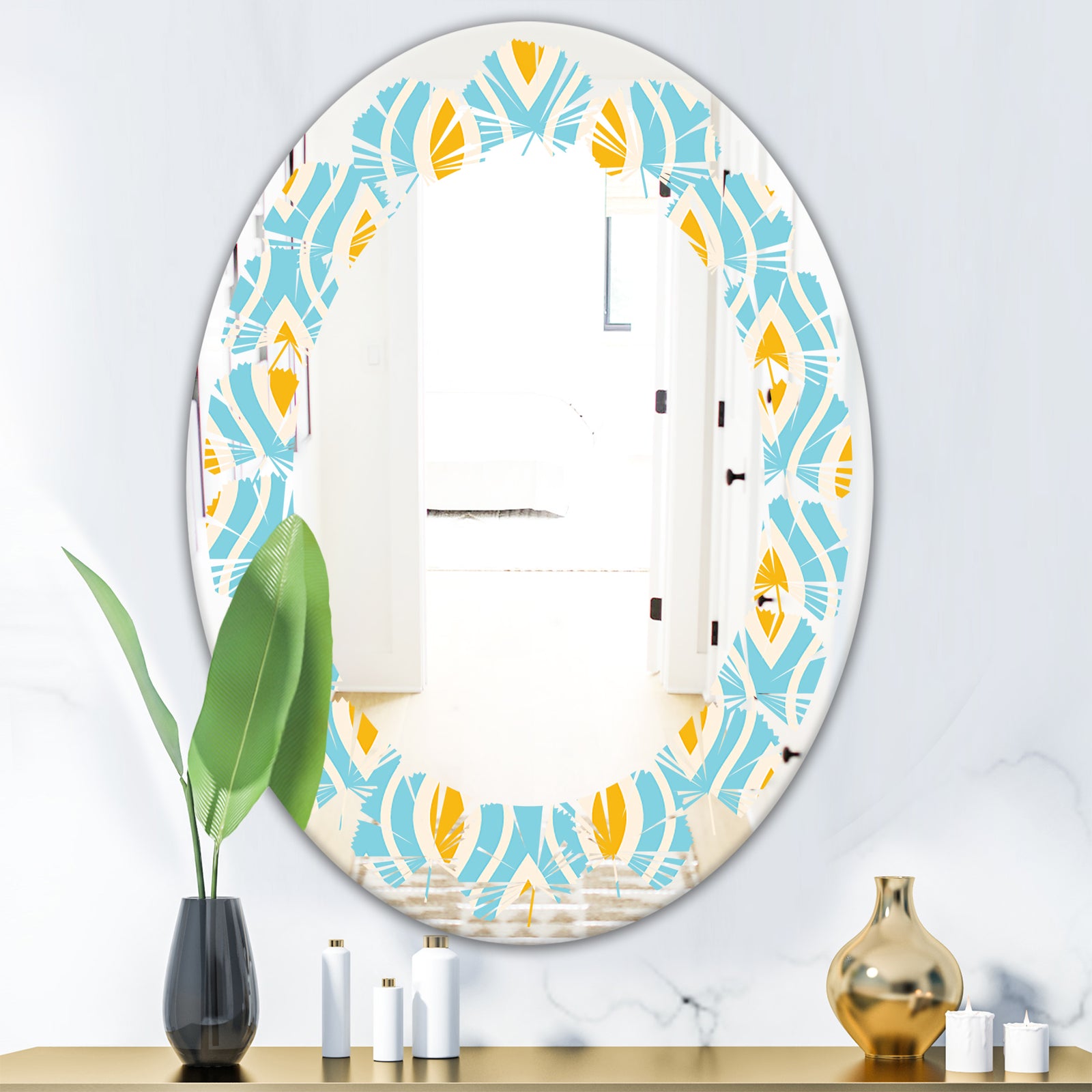 Retro Pattern Abstract Design I - Modern Round or Oval Wall Mirror - Leaves