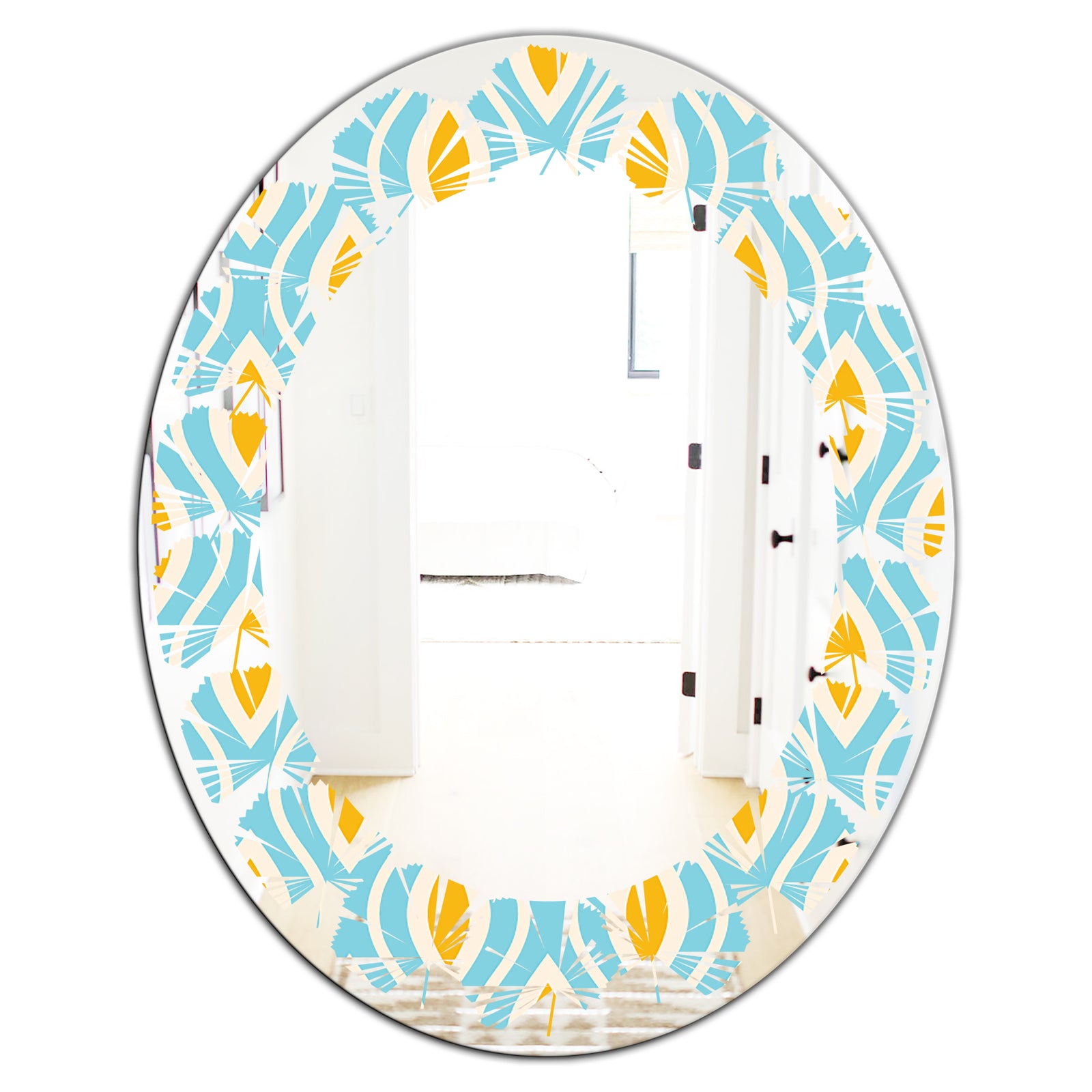 Retro Pattern Abstract Design I - Modern Round or Oval Wall Mirror - Leaves