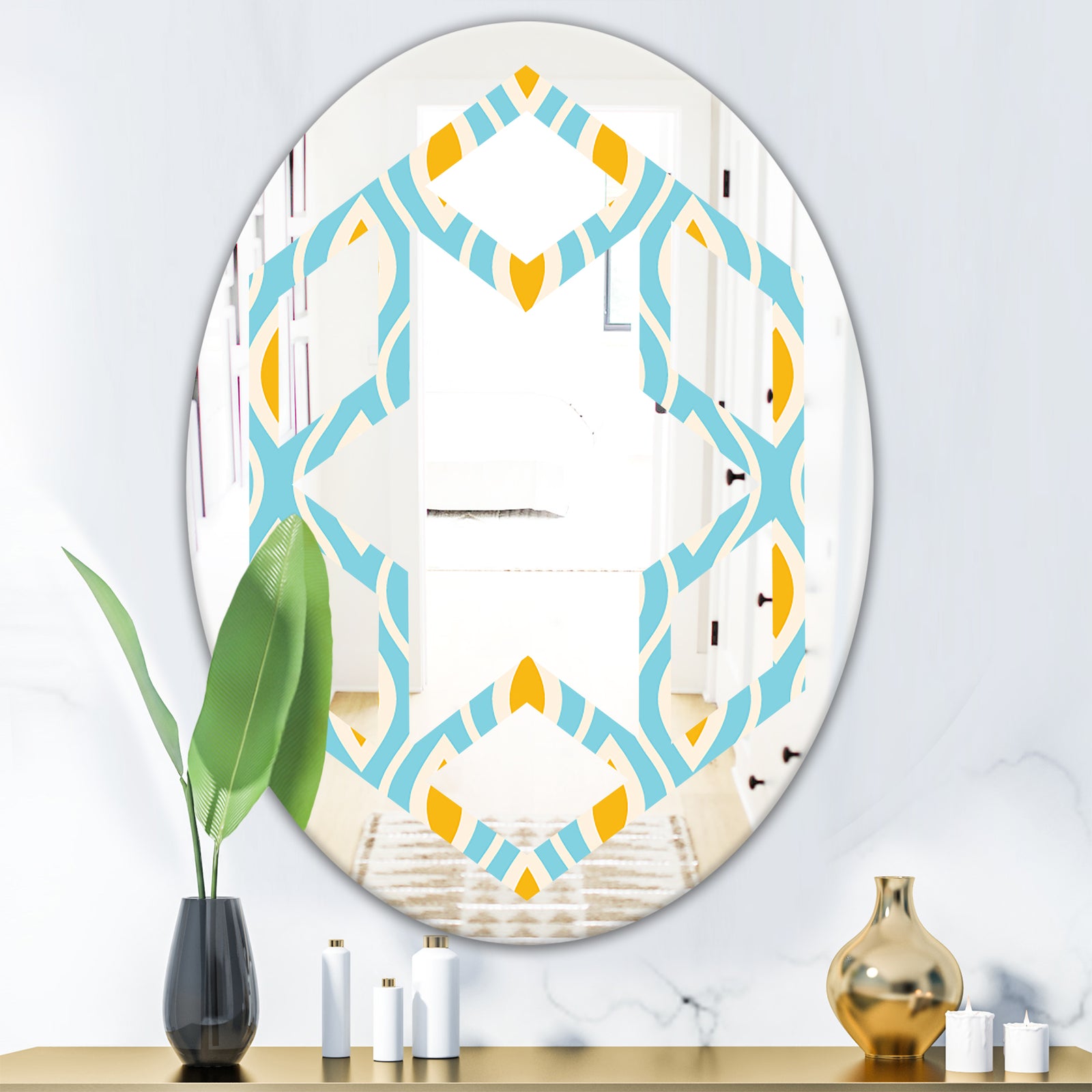 Retro Pattern Abstract Design I - Modern Round or Oval Wall Mirror - Hexagon Star