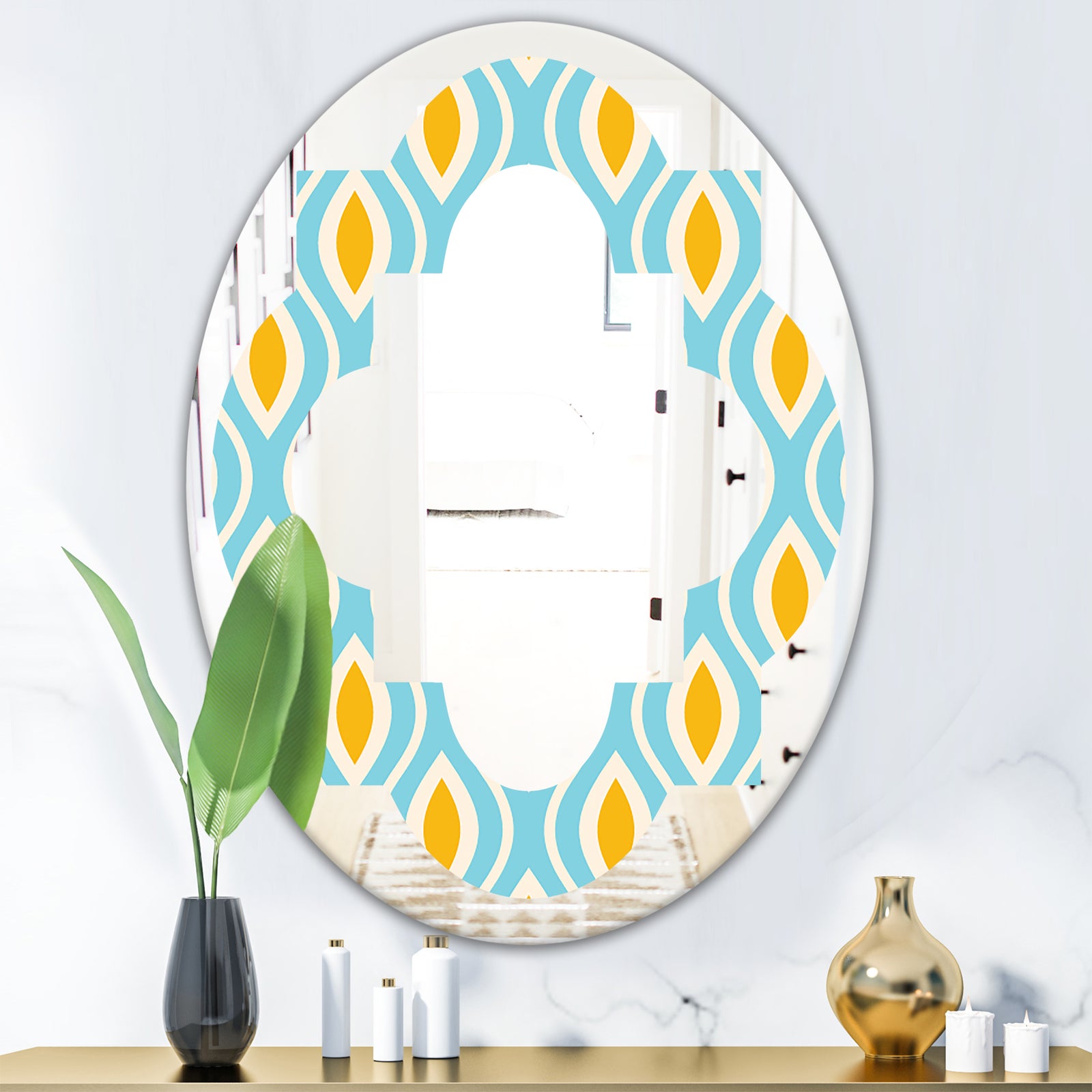 Retro Pattern Abstract Design I - Modern Round or Oval Wall Mirror - Quatrefoil