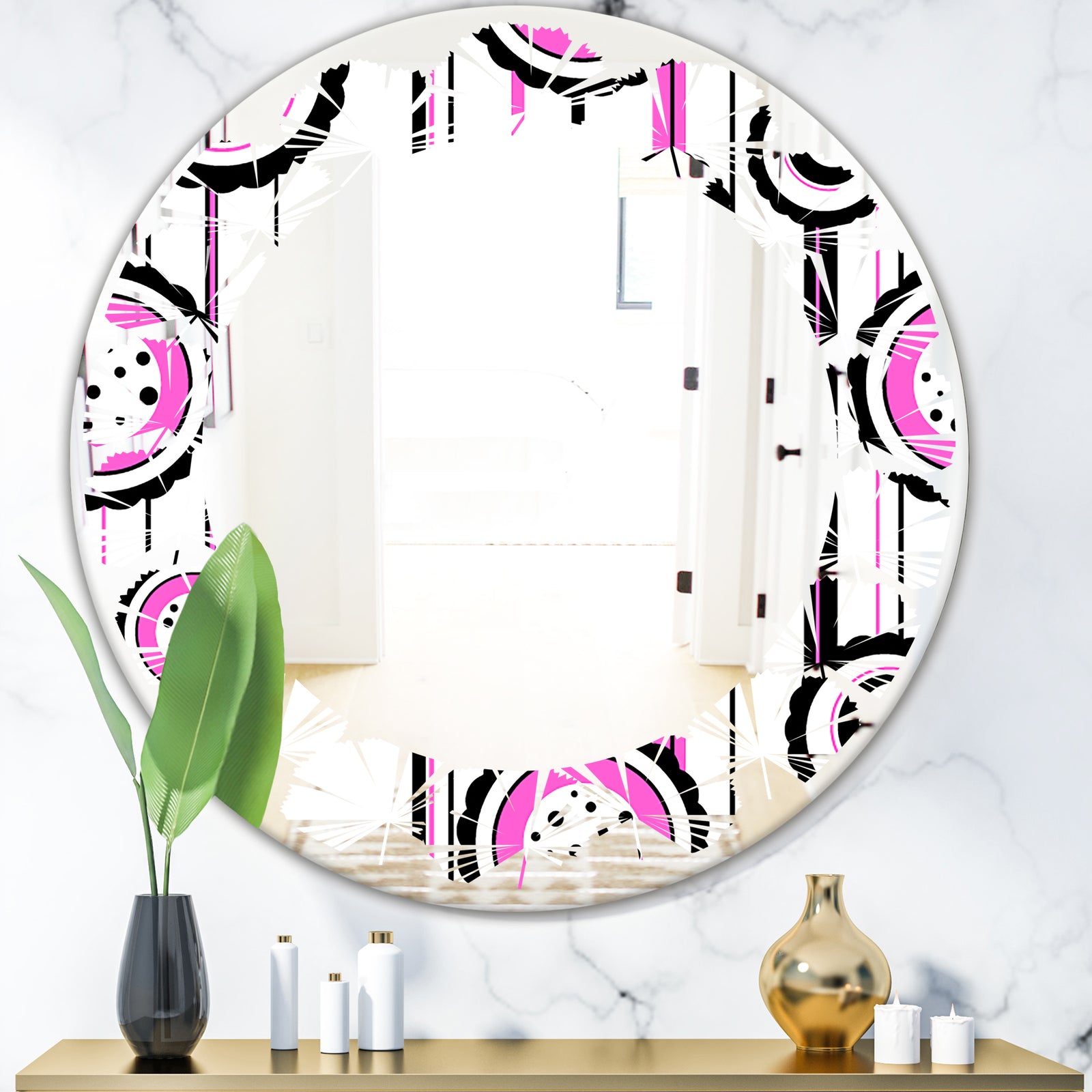 Circular Retro Pattern I - Modern Round or Oval Wall Mirror - Leaves