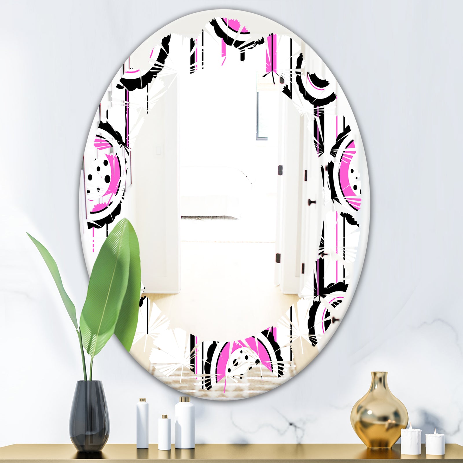 Circular Retro Pattern I - Modern Round or Oval Wall Mirror - Leaves