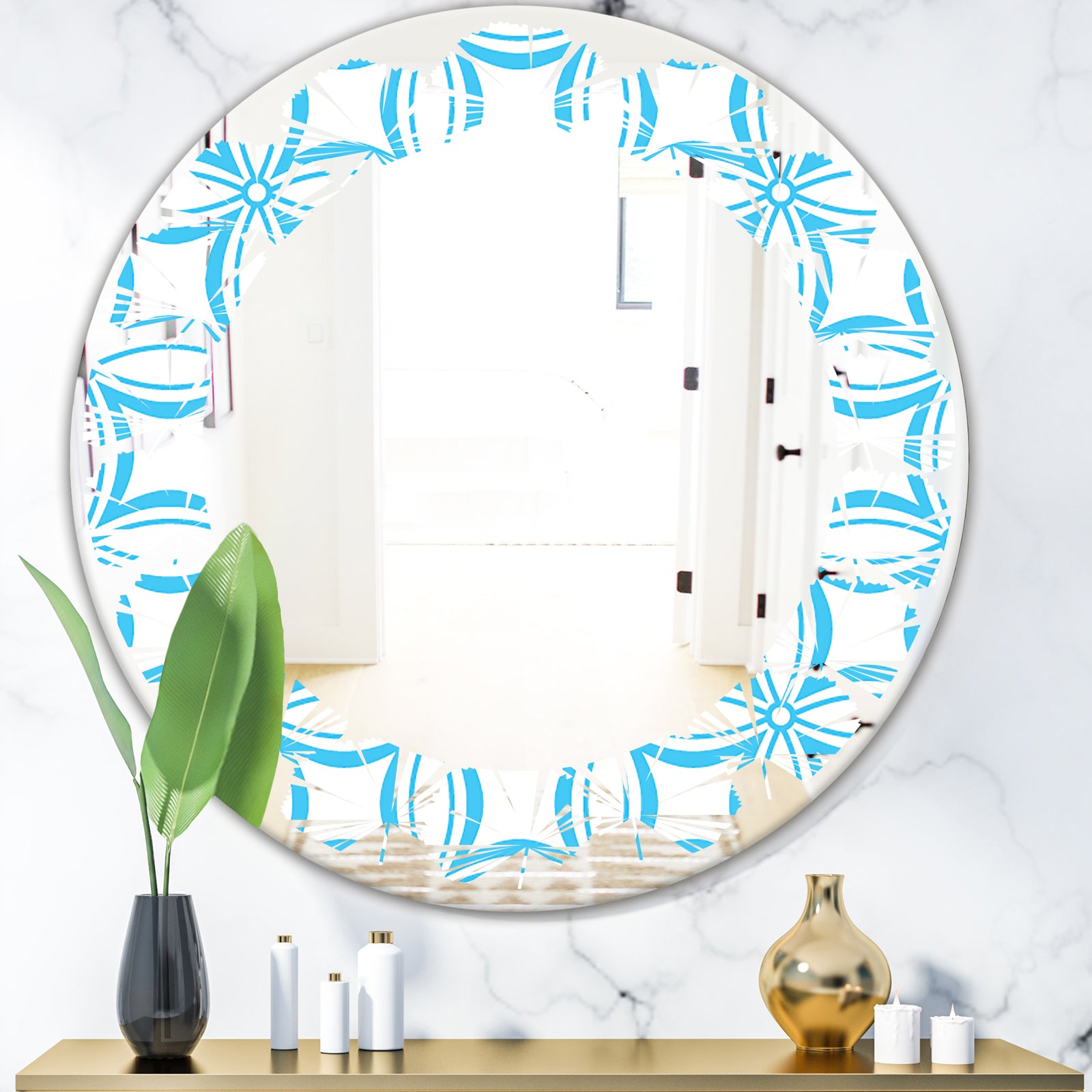 Retro Pattern Abstract Design II - Modern Round or Oval Wall Mirror - Leaves
