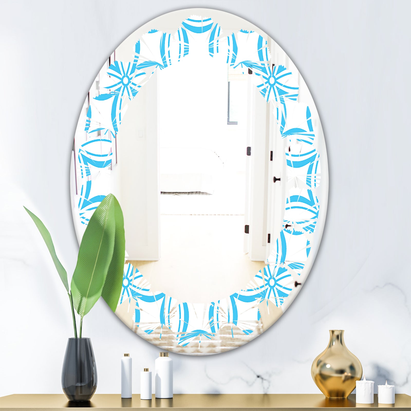 Retro Pattern Abstract Design II - Modern Round or Oval Wall Mirror - Leaves