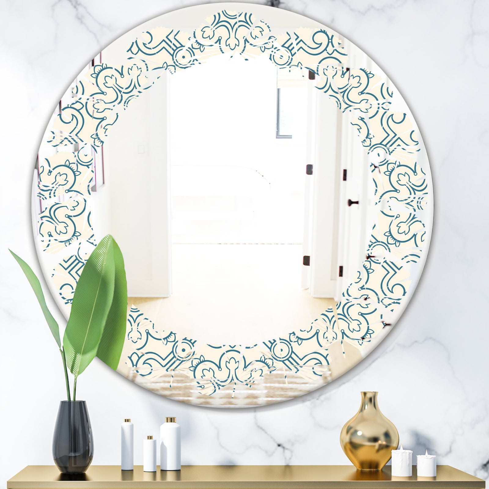 Floral Retro Pattern IV - Modern Round or Oval Wall Mirror - Leaves