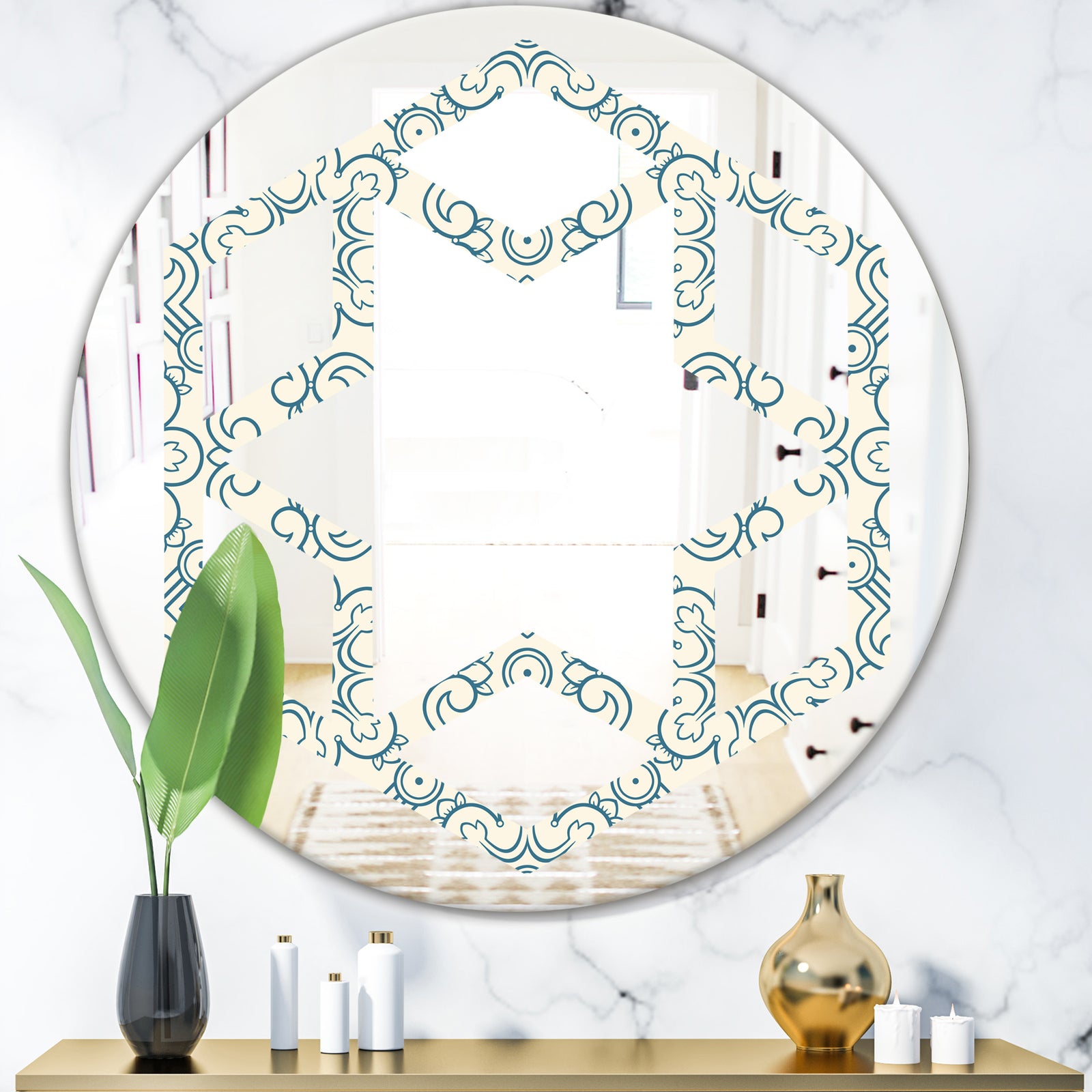 Floral Retro Pattern IV - Modern Round or Oval Wall Mirror - Hexagon Star