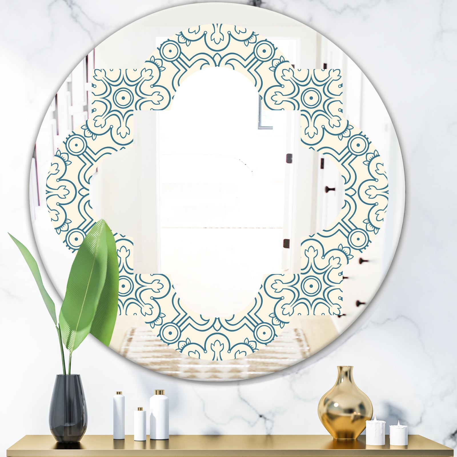Floral Retro Pattern IV - Modern Round or Oval Wall Mirror - Quatrefoil