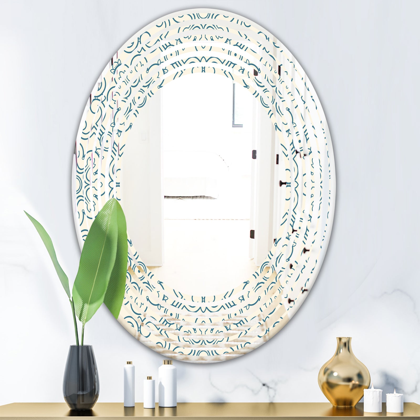 Floral Retro Pattern IV - Modern Round or Oval Wall Mirror - Wave