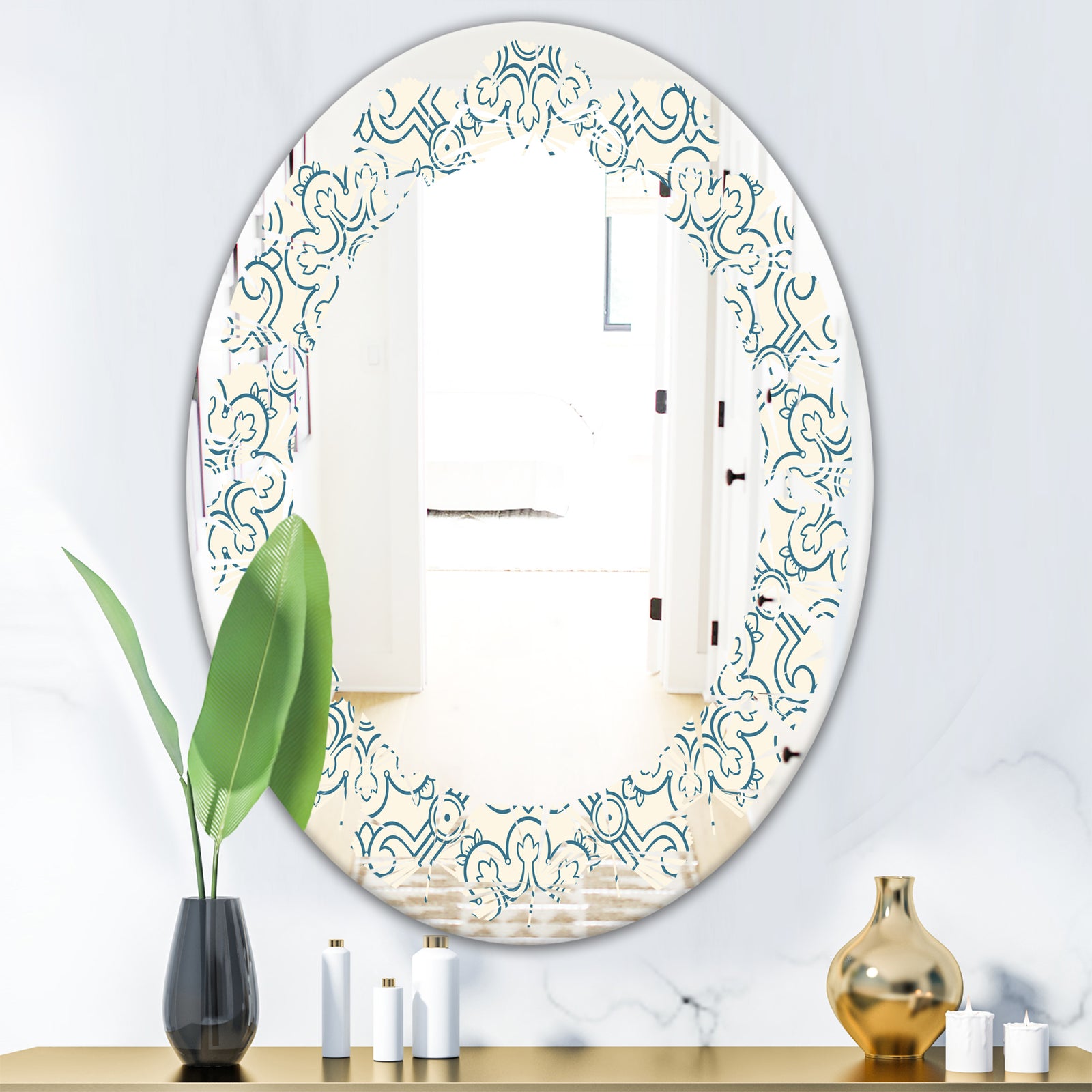 Floral Retro Pattern IV - Modern Round or Oval Wall Mirror - Leaves