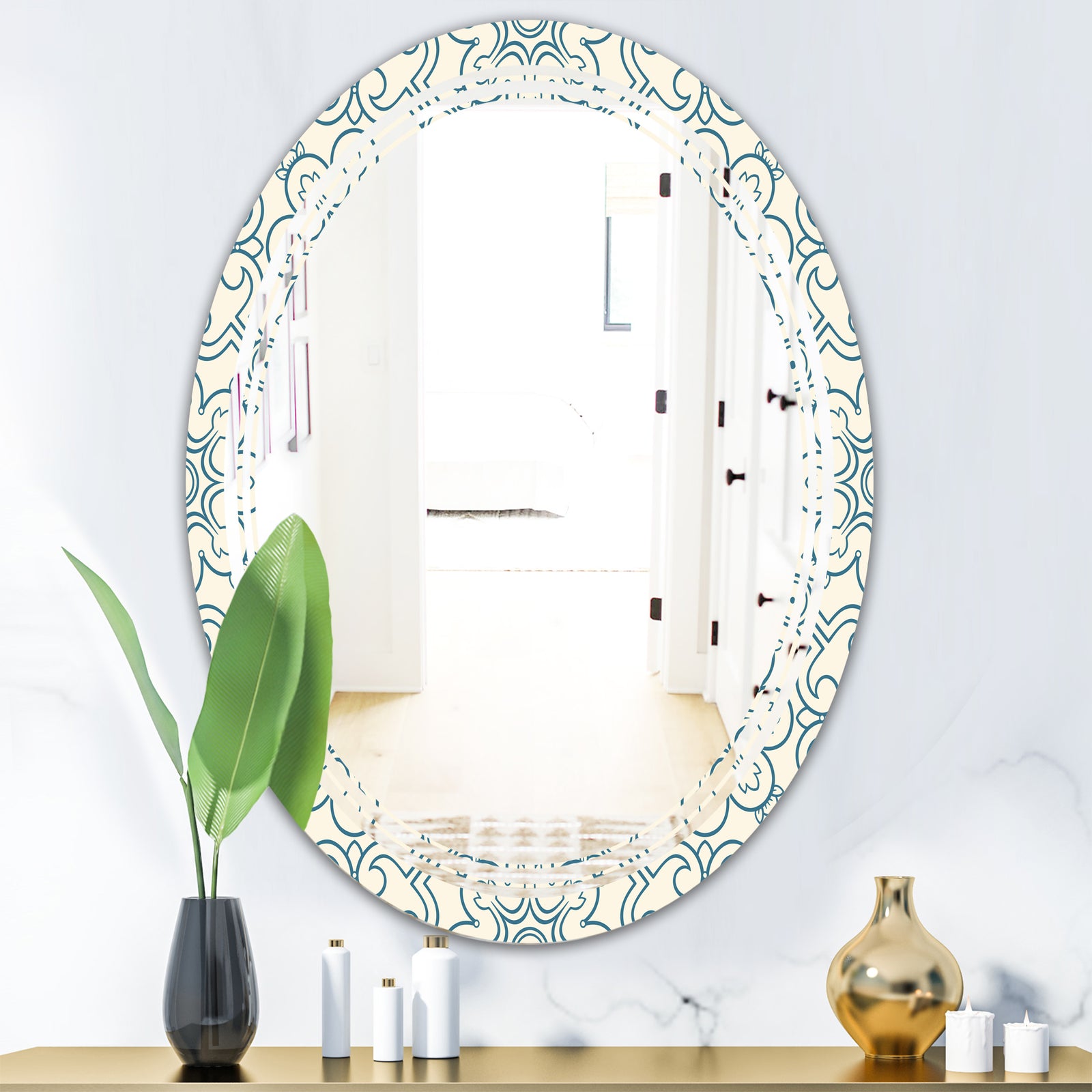 Floral Retro Pattern IV - Modern Round or Oval Wall Mirror - Triple C