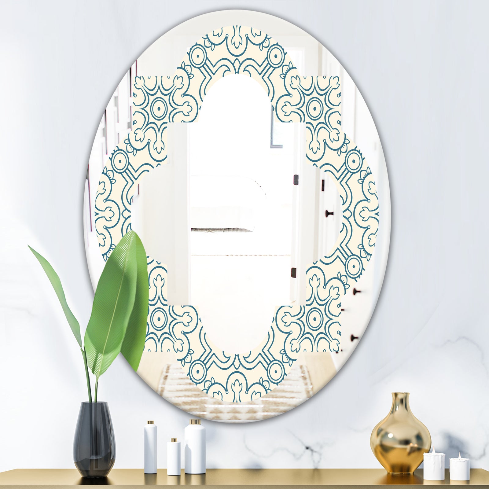 Floral Retro Pattern IV - Modern Round or Oval Wall Mirror - Quatrefoil