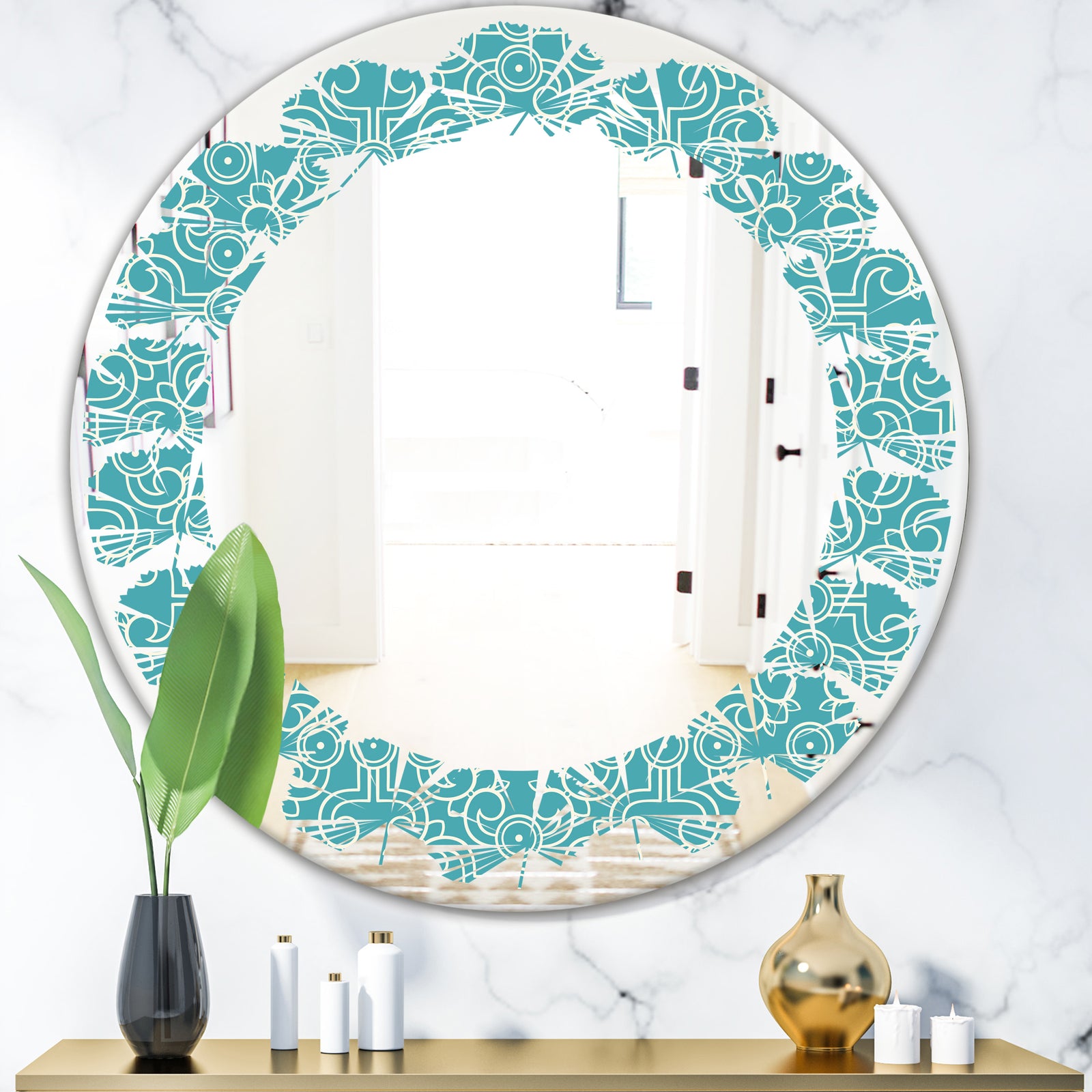 Retro Abstract Pattern Design III - Modern Round or Oval Wall Mirror - Leaves